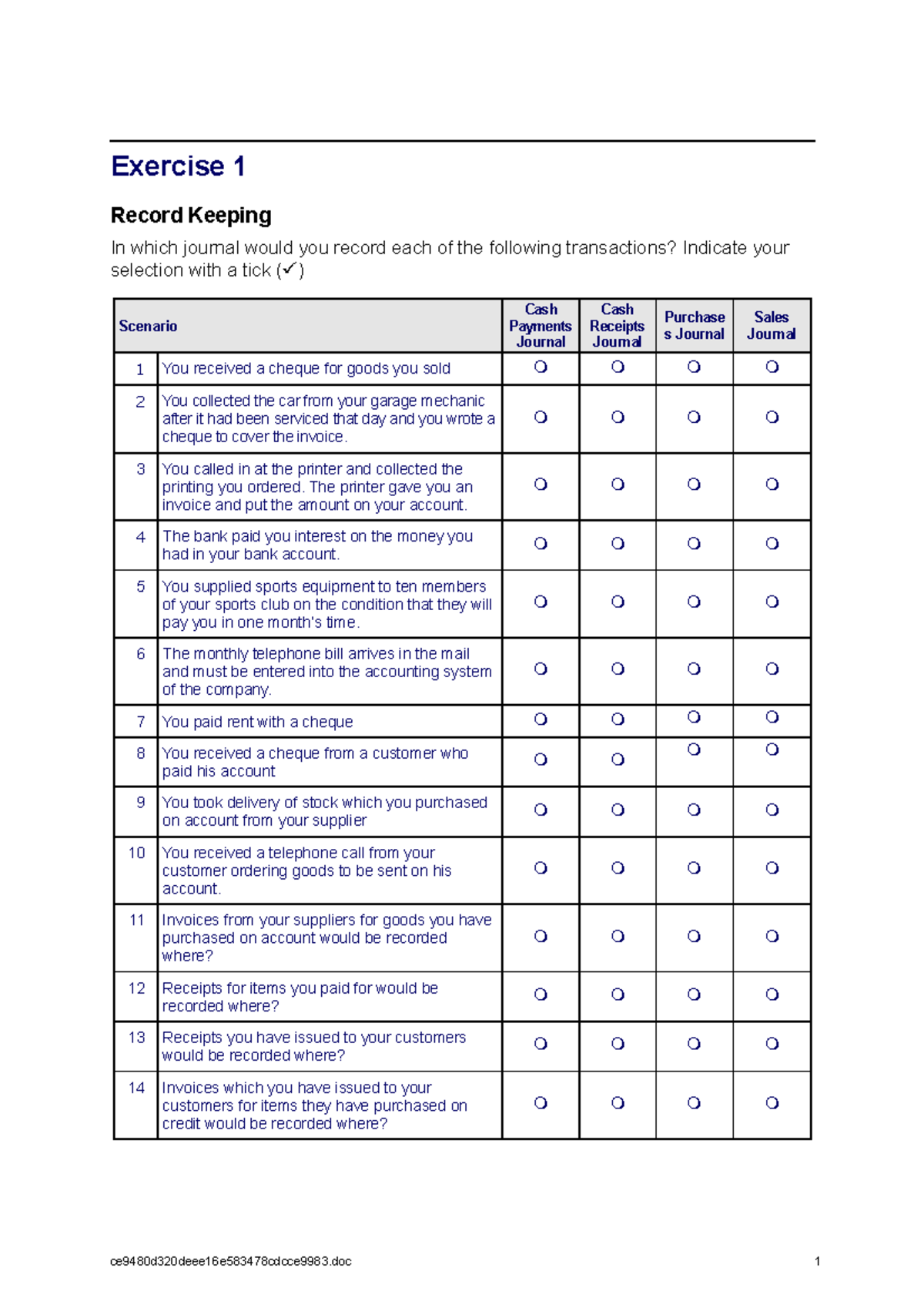 Exercise 01 - record keeping - Exercise 1 Record Keeping In which ...