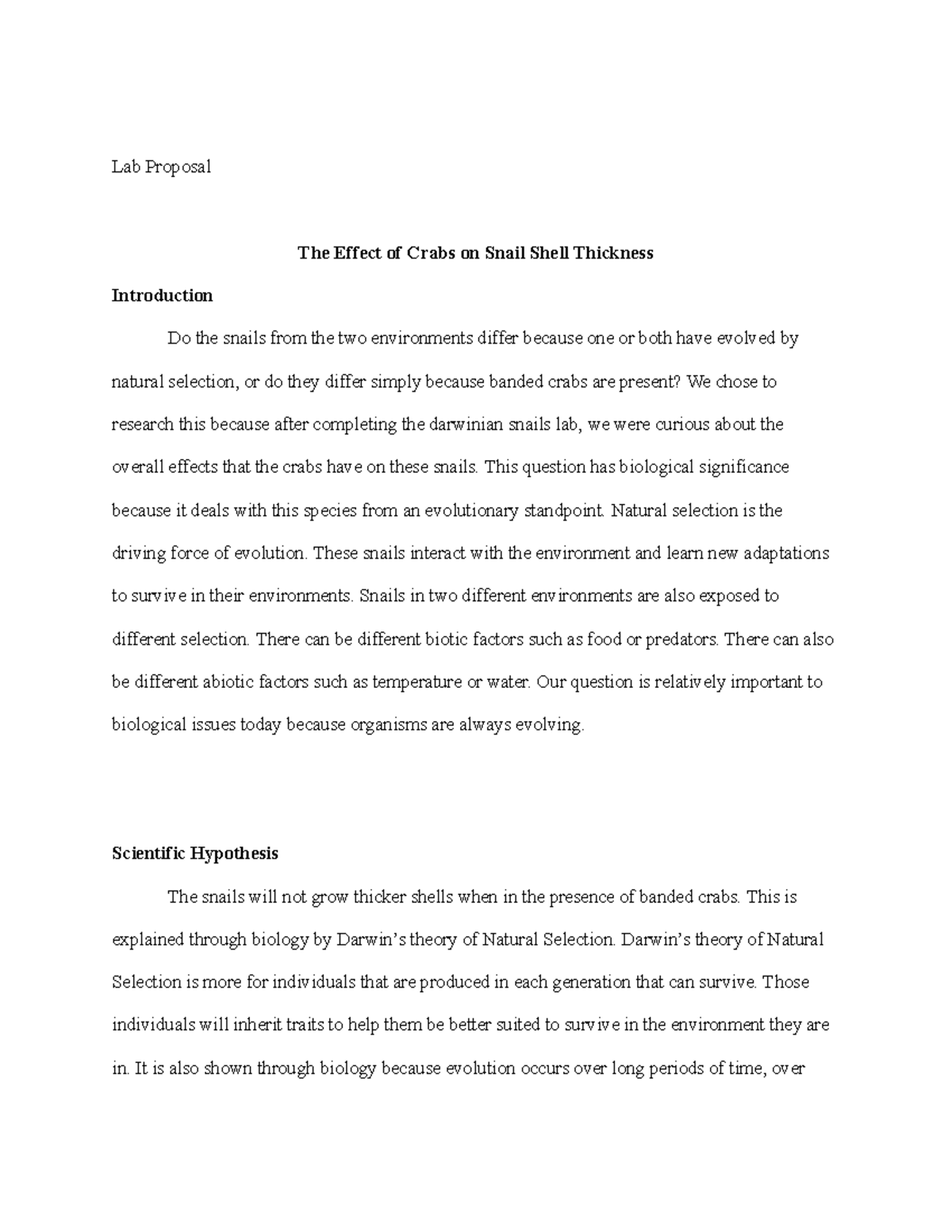 Lab Proposal - Tierney - Lab Proposal The Effect of Crabs on Snail ...