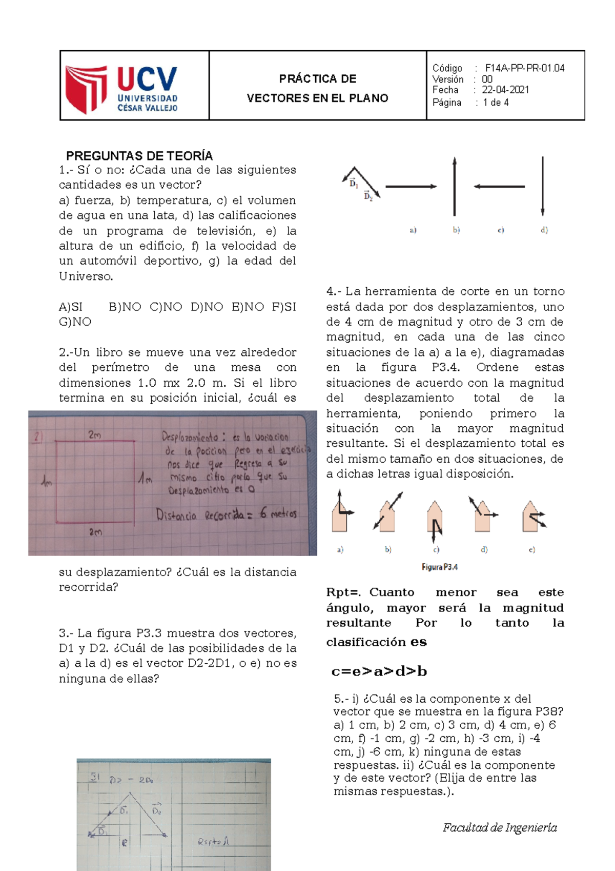 Práctica DE Vectores - PRÁCTICA DE VECTORES EN EL PLANO Versión : 00 ...