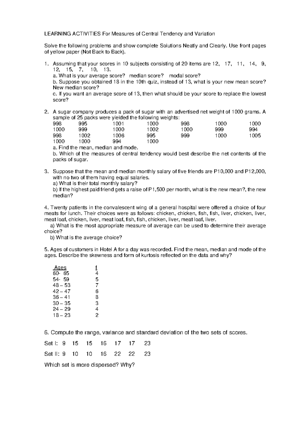Assignment on Measures of Central Tendency and Variation - LEARNING ...