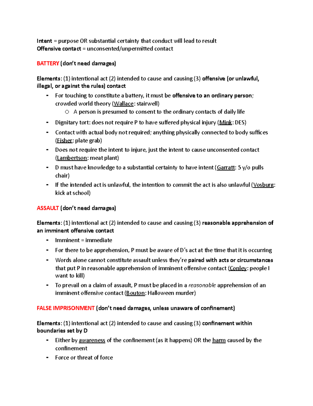 Elemental outline - Intent = purpose OR substantial certainty that ...