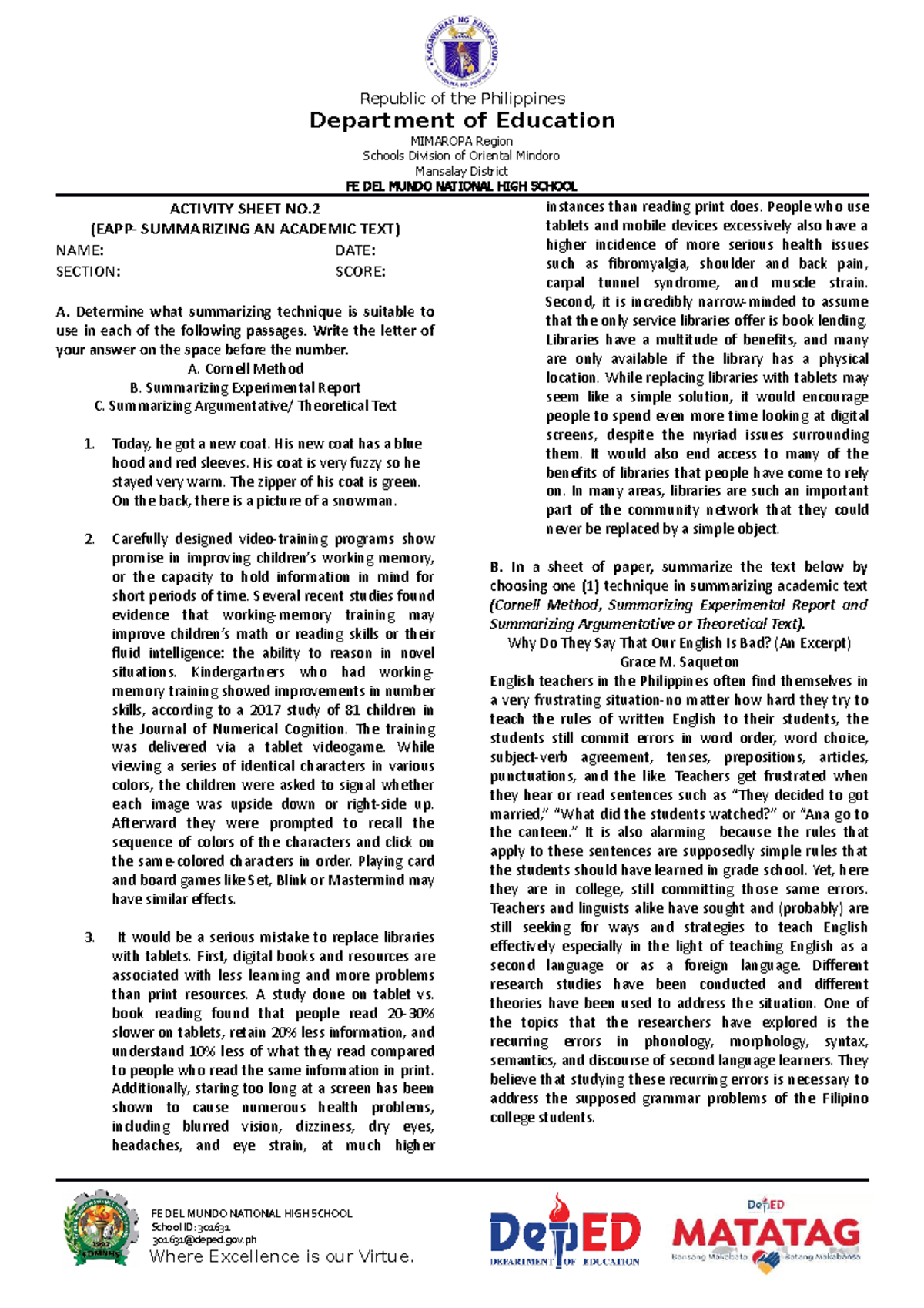 Activity Sheet 2 Summary Republic Of The Philippines Department Of Education Mimaropa Region 0206