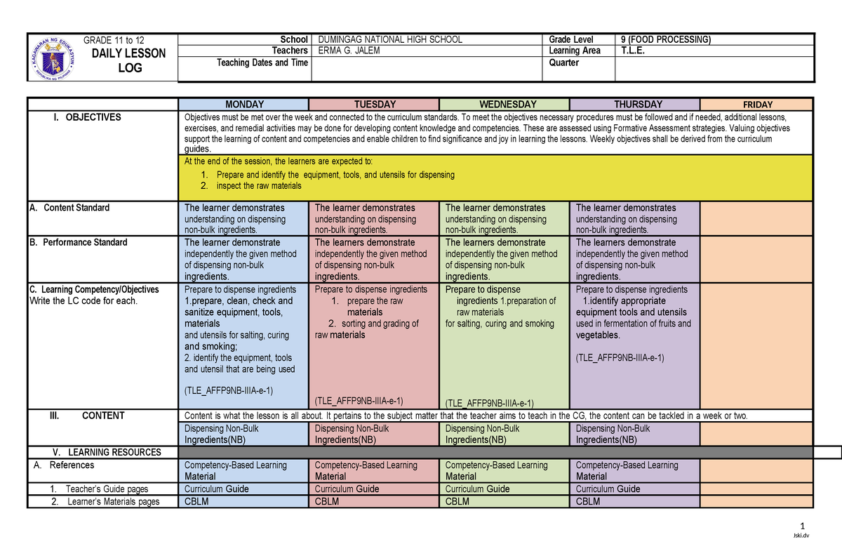 Dll-food-processing - 1 GRADE 11 to 12 DAILY LESSON LOG School DUMINGAG ...