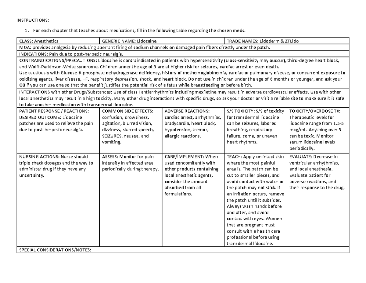 Lidocaine - INSTRUCTIONS: For each chapter that teaches about ...