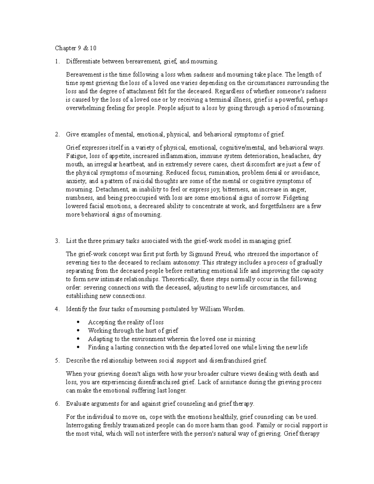 Study Guide 9 10 Chapter 9 & 10 Differentiate between bereavement