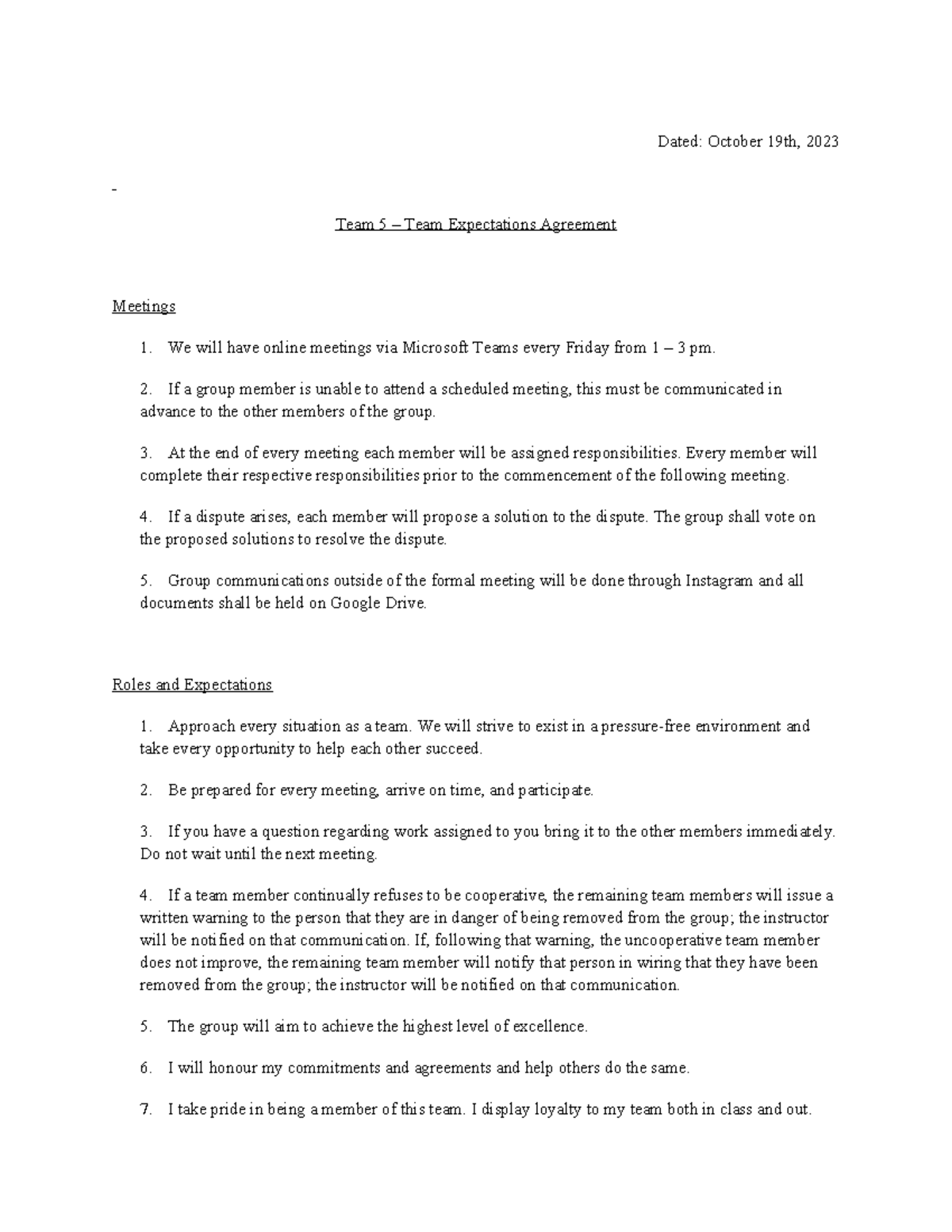 Team 2 – Team Expectations Agreement - Dated: October 19th, 2023 Team 5 ...