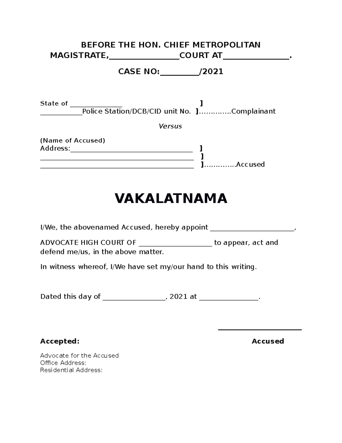 Vakalatnama WDFGEFVEFV BEFORE THE HON CHIEF METROPOLITAN