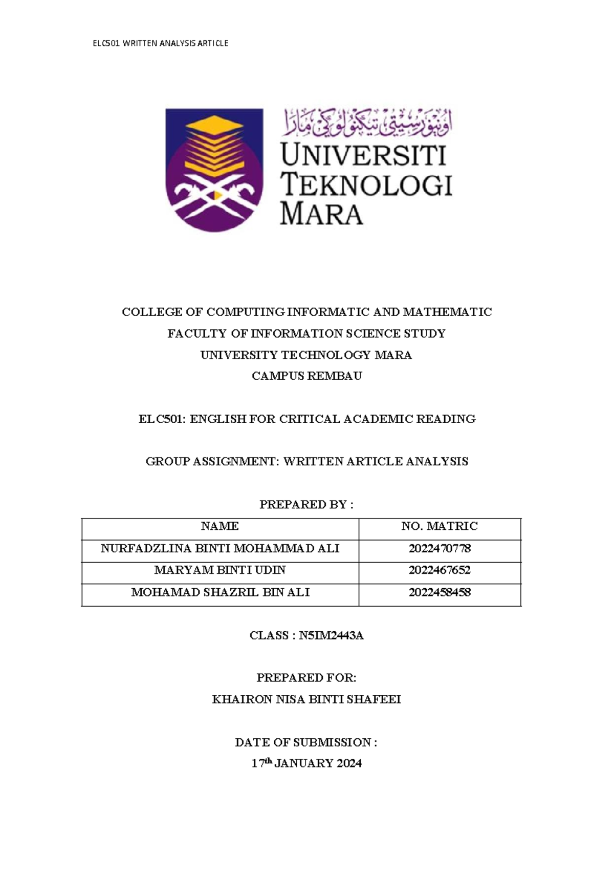 Article Analysis - COLLEGE OF COMPUTING INFORMATIC AND MATHEMATIC ...