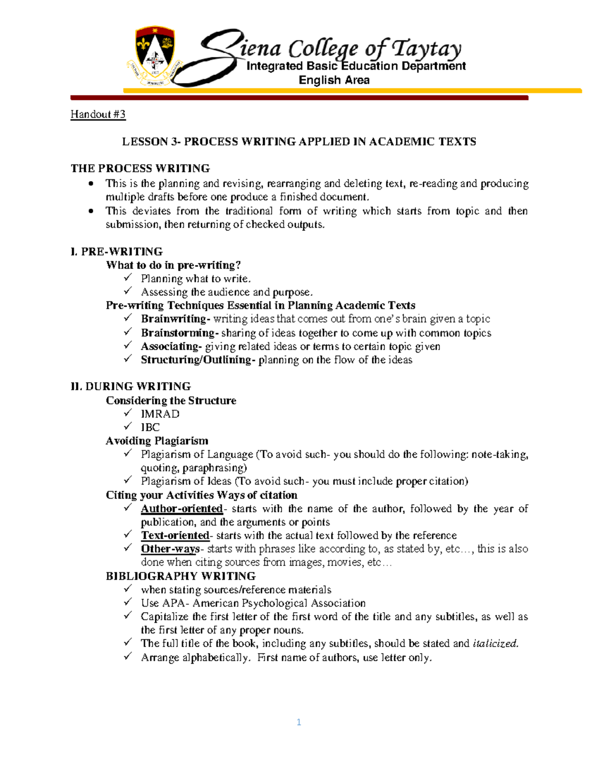 Hand Out Number 3 - I dont know what subject - Integrated Basic ...