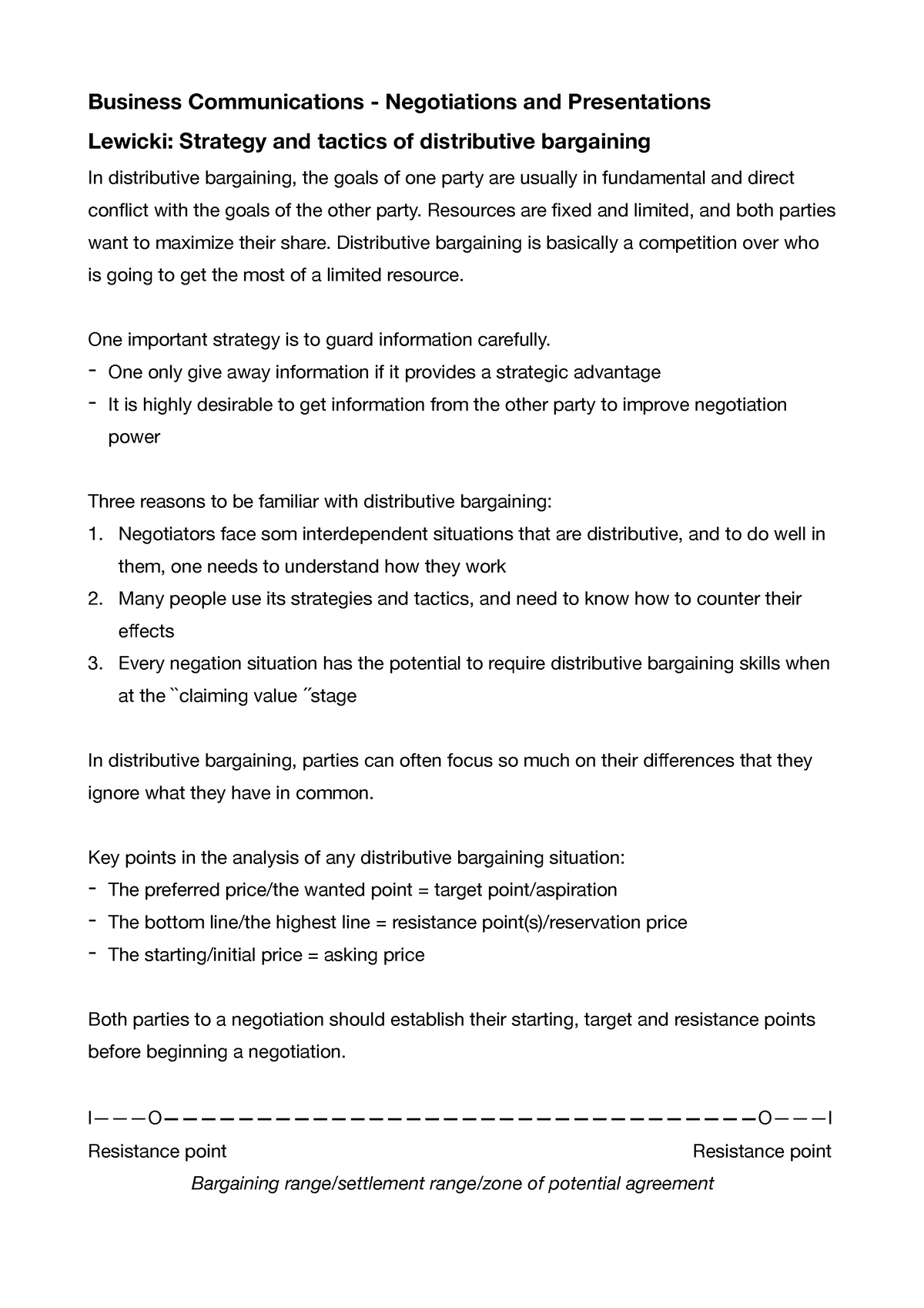 Lewicki summary - Strategies and tactics in distributive bargaining ...