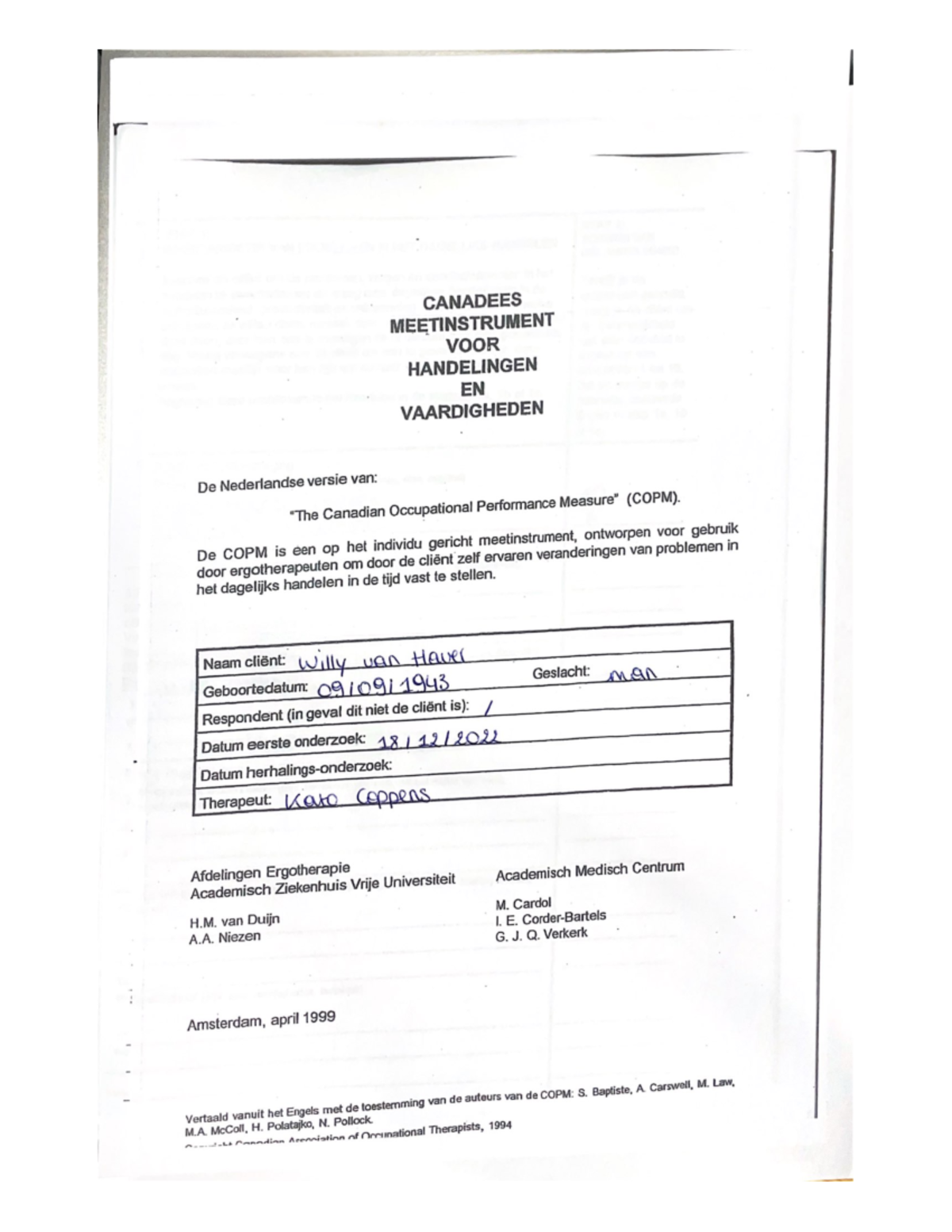 COPM - W - Voorbeeld afname CMOP-E - client gecentreerd werken - Studocu