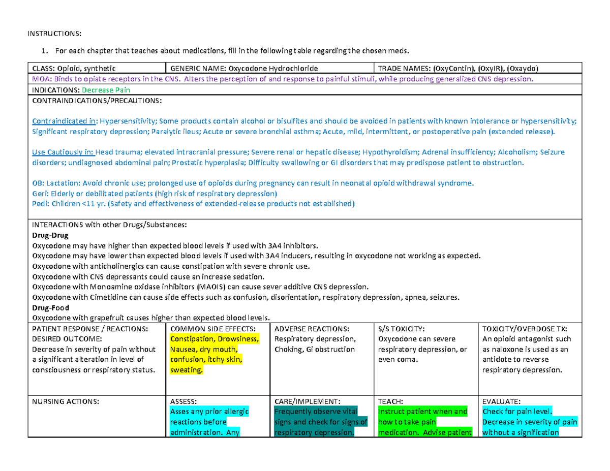 Oxycodone - INSTRUCTIONS: For each chapter that teaches about ...