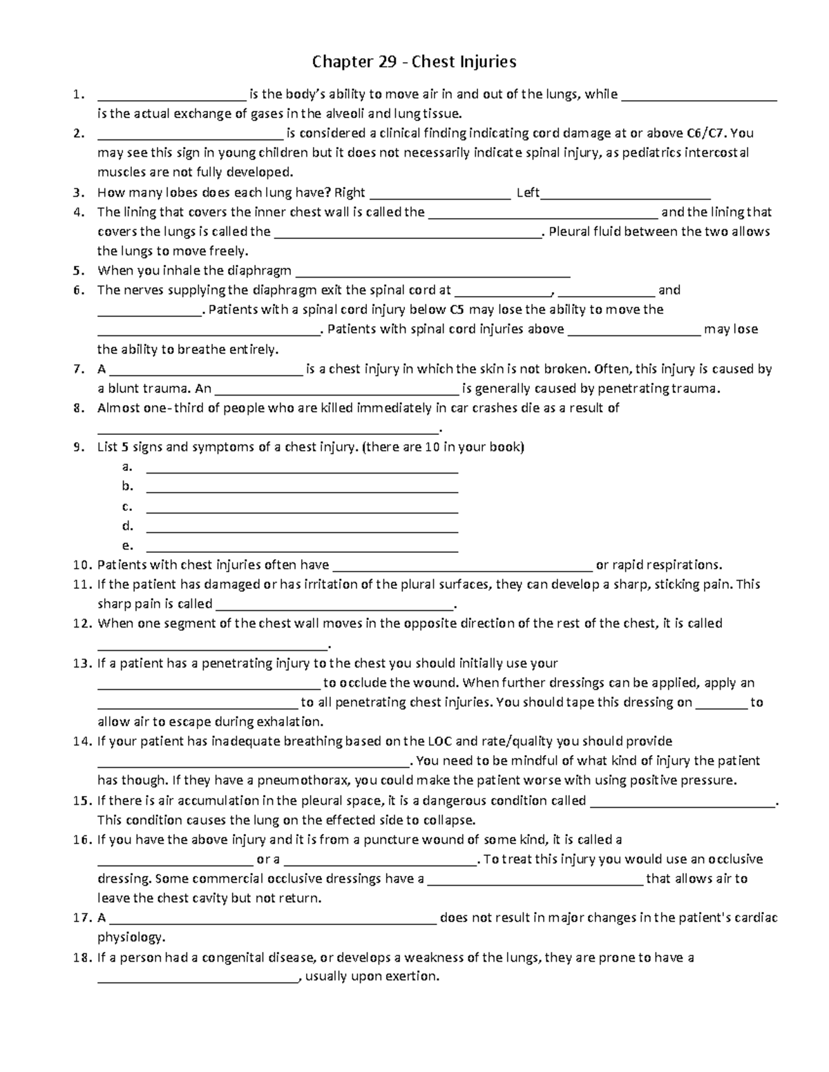 Chapter 29 Chest Injuries Worksheet Chapter 29 Chest Injuries