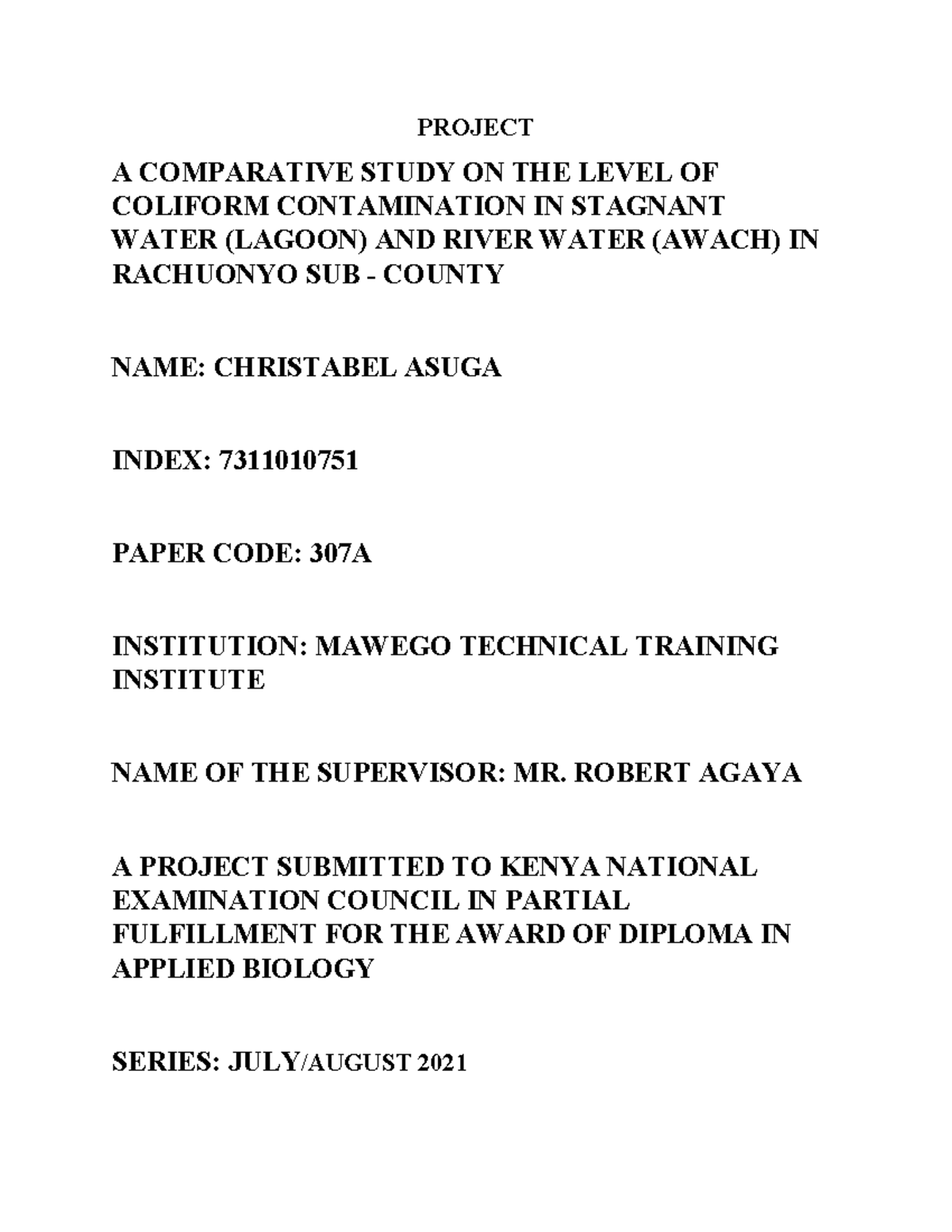 Applied Level OF Coliform - PROJECT A COMPARATIVE STUDY ON THE LEVEL OF ...