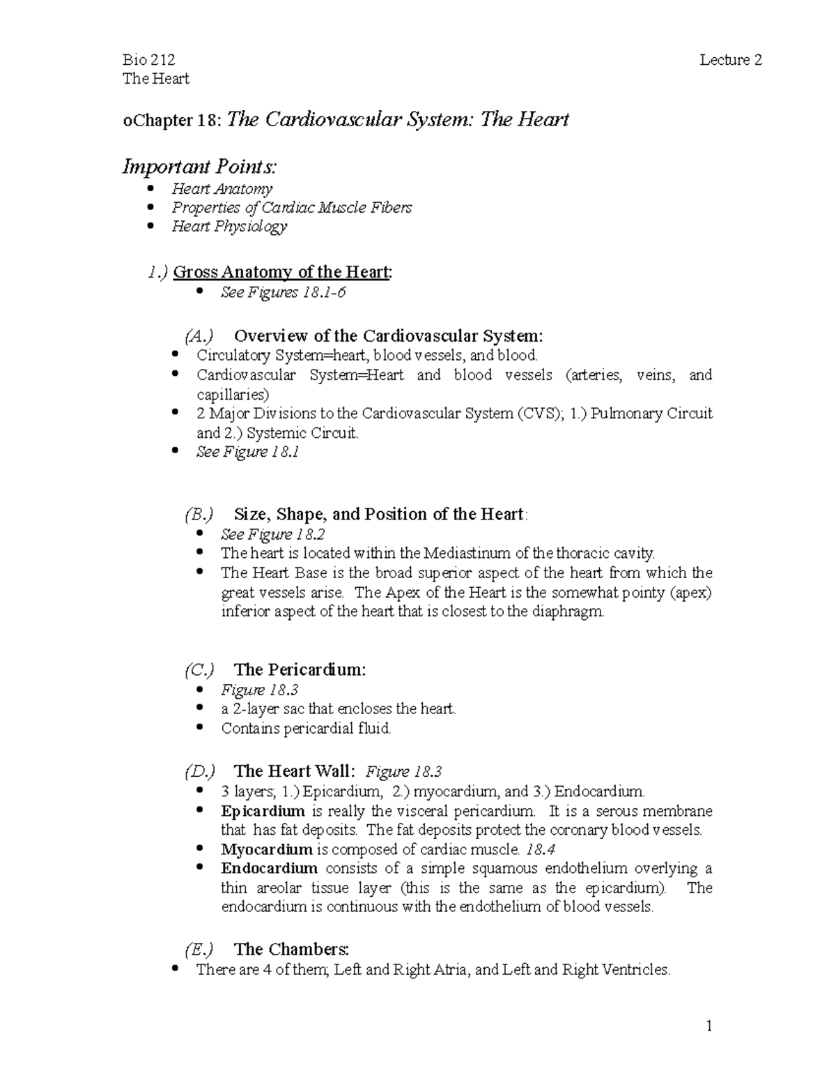 Bio 212 Lecture 2 Heart Cardiovascular System Chapter 18 - The Heart ...