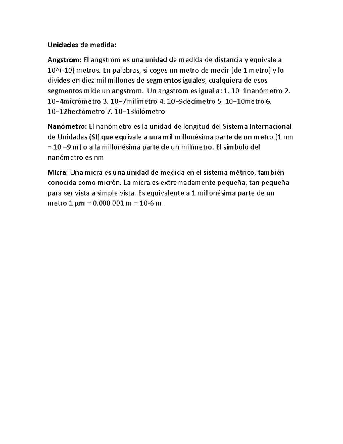 Unidad 3 morfo 1 tema 1 al 3 - Unidades de medida: Angstrom: El ...