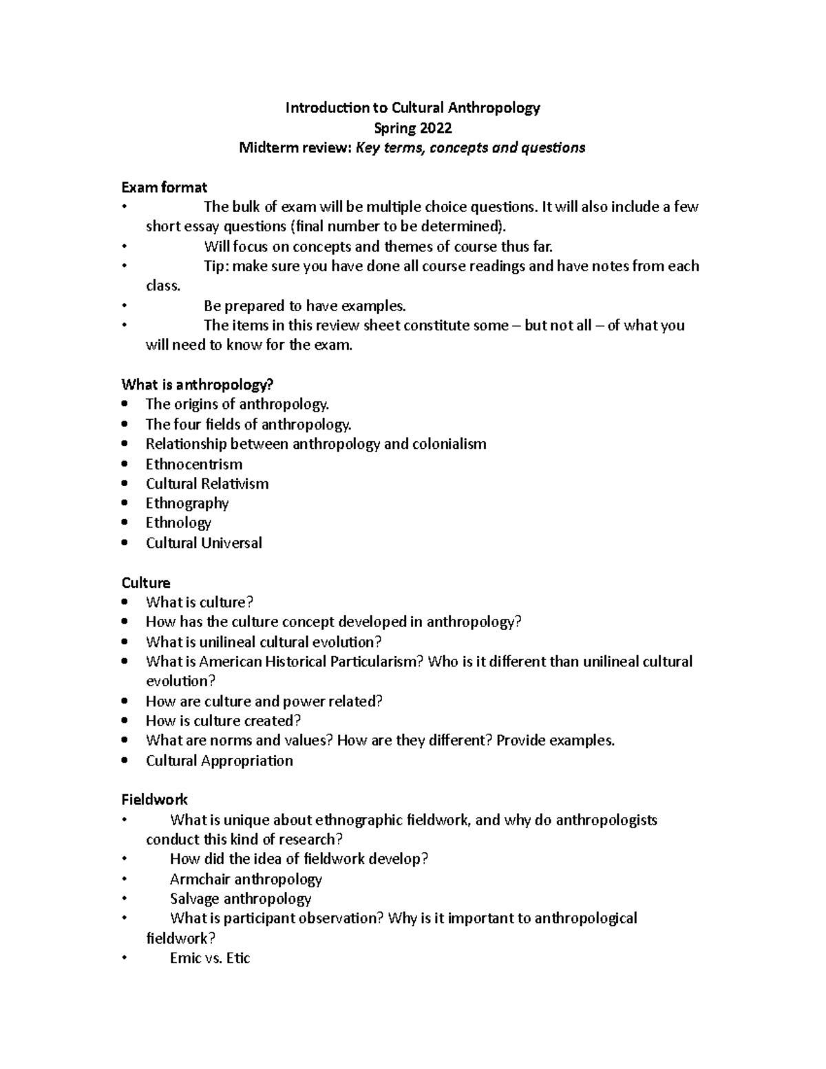 Anth 204 Spring 2022 Mid Term Review Introduction To Cultural