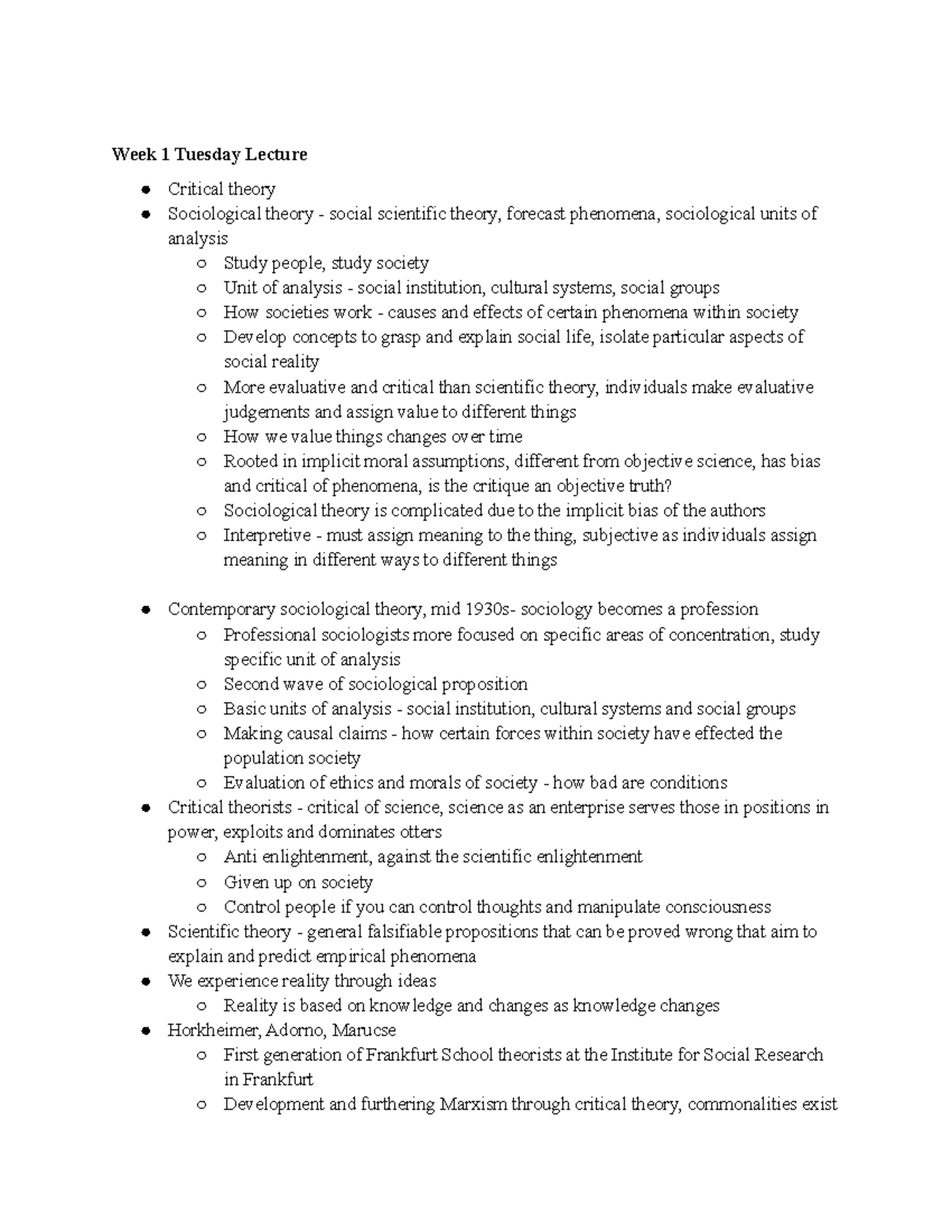 Soc 102 Week 1 8/2 - Week 1 Tuesday Lecture Critical Theory ...