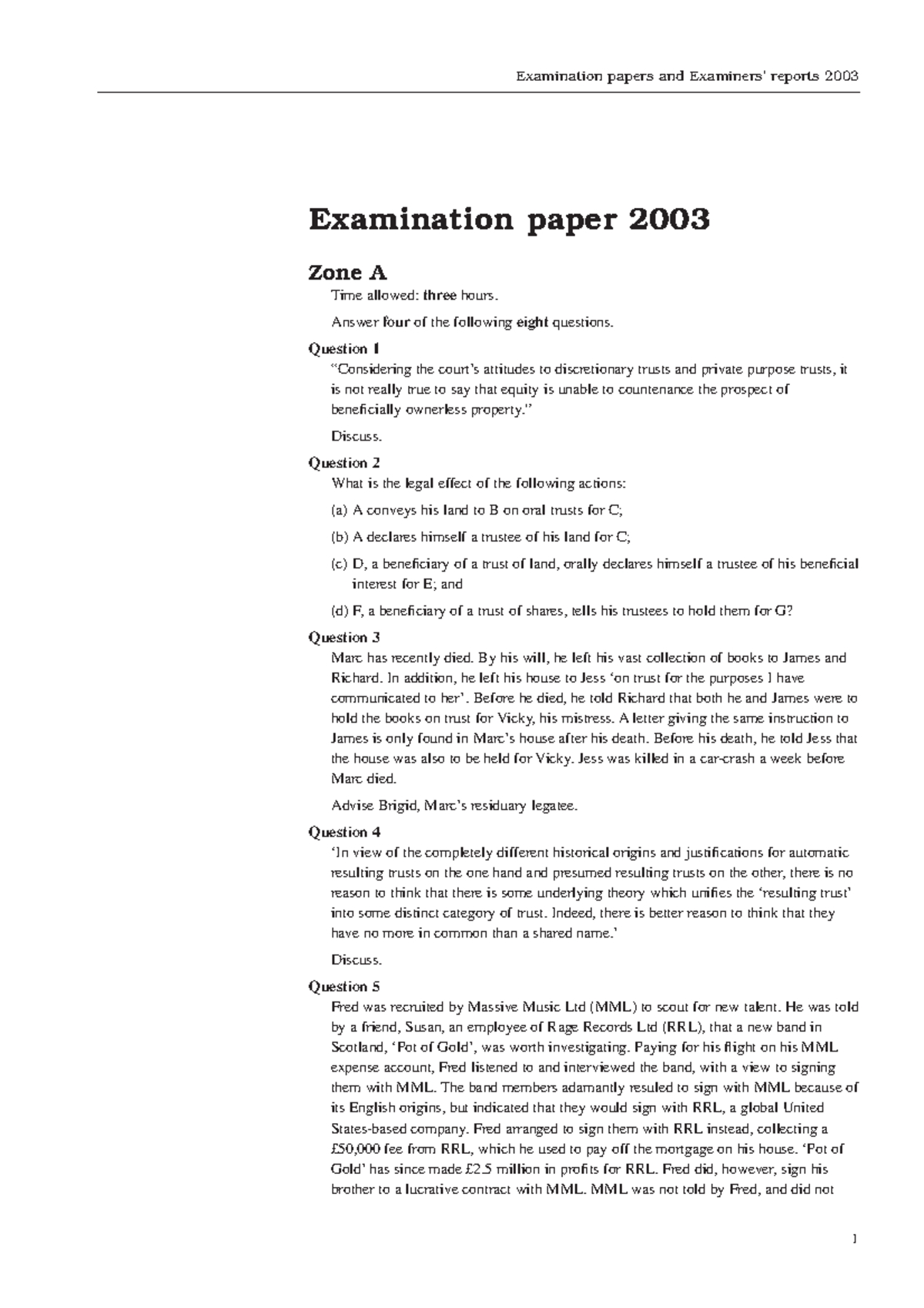 Exam 2010, Questions - Examination Papers And Examiners’ Reports 2003 ...