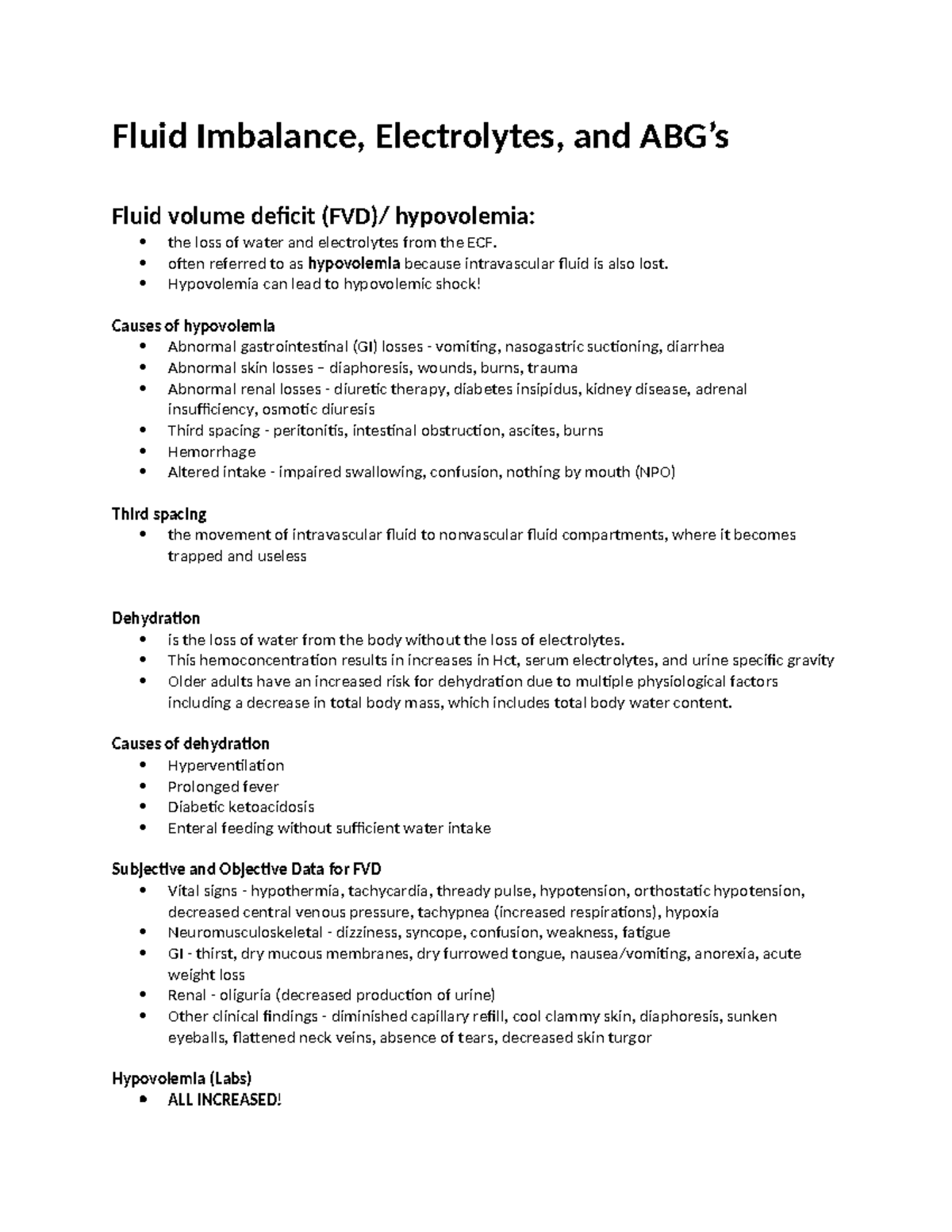 Fe abg lecture notes - Fluid Imbalance, Electrolytes, and ABG’s Fluid ...