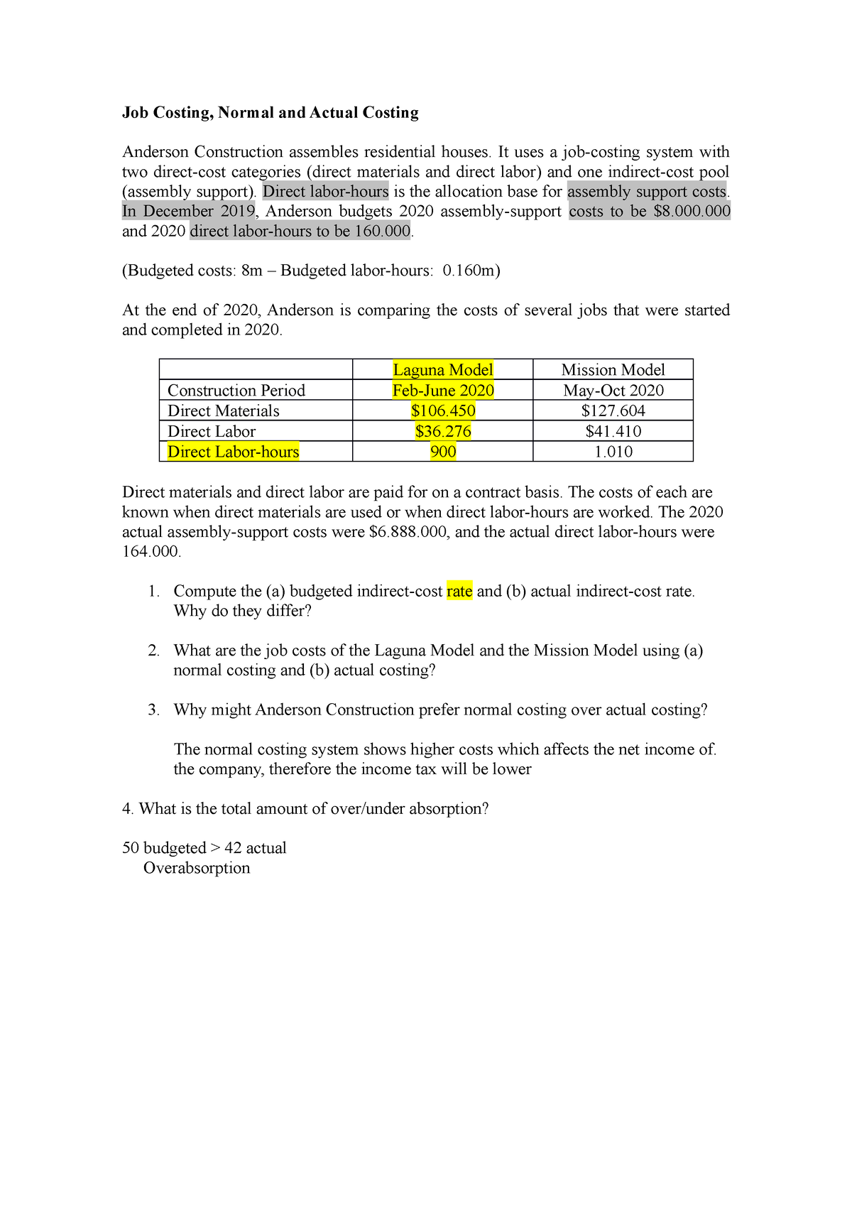 Anderson Construction Job Costing, Normal and Actual Costing Anderson