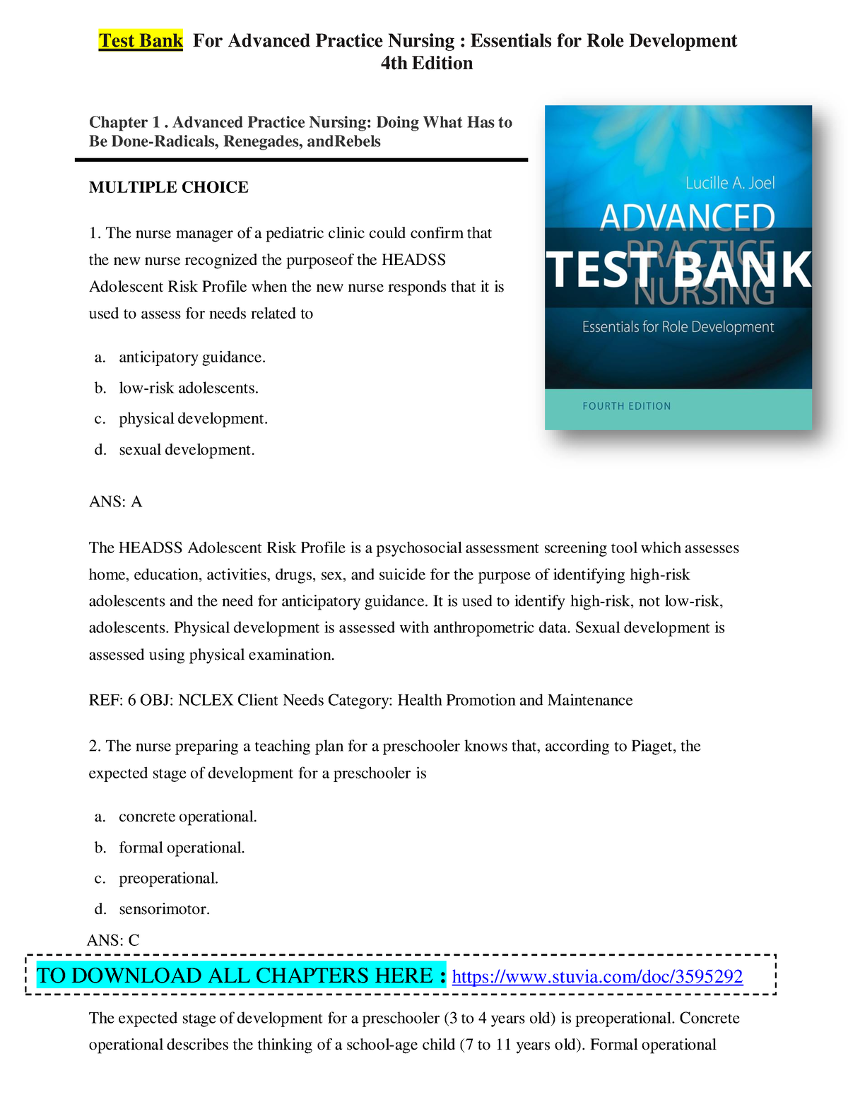 Test Bank For Advanced Practice Nursing Essentials For Role Development ...