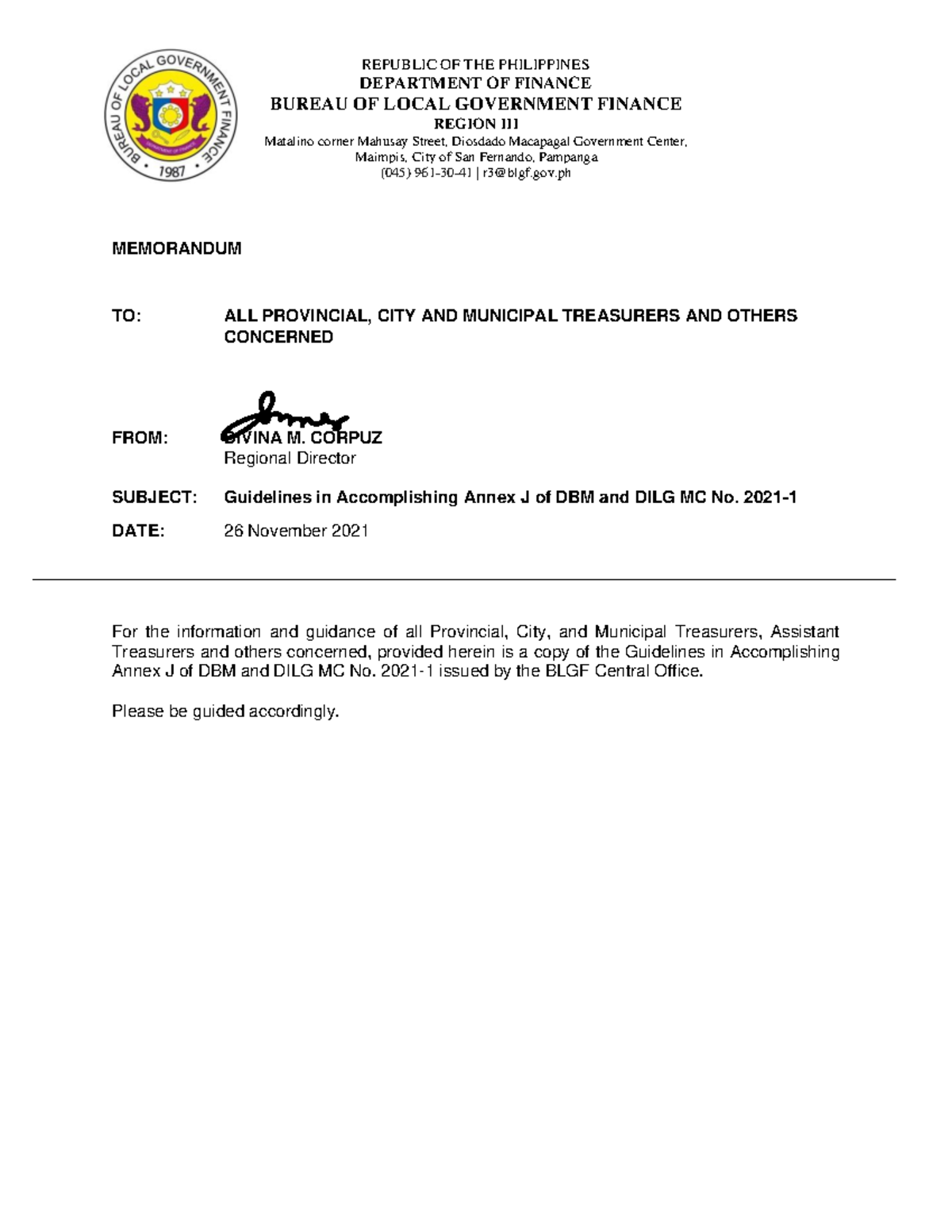 MEMO re Guidelines for the Accomplishment of Annex J - REPUBLIC OF THE ...