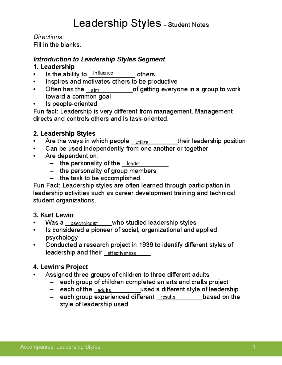 Kami Export - Leadership Style- Student Notes - Directions: Fill in the ...