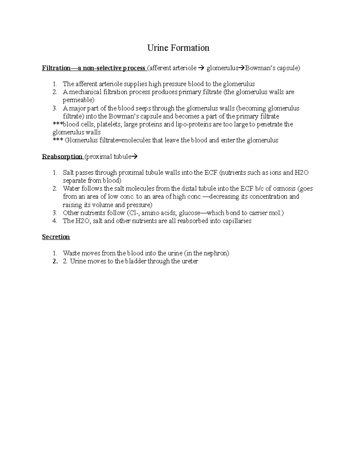 Urine Formation - Urine Formation Filtration—a non-selective process ...