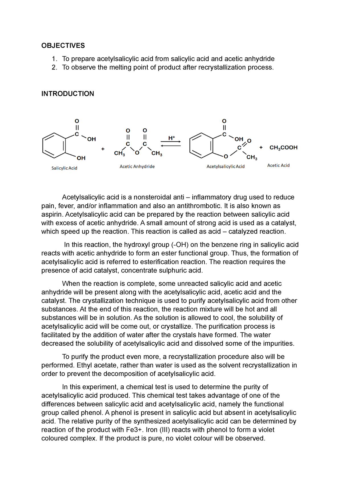 experiment on preparation of acetylsalicylic acid