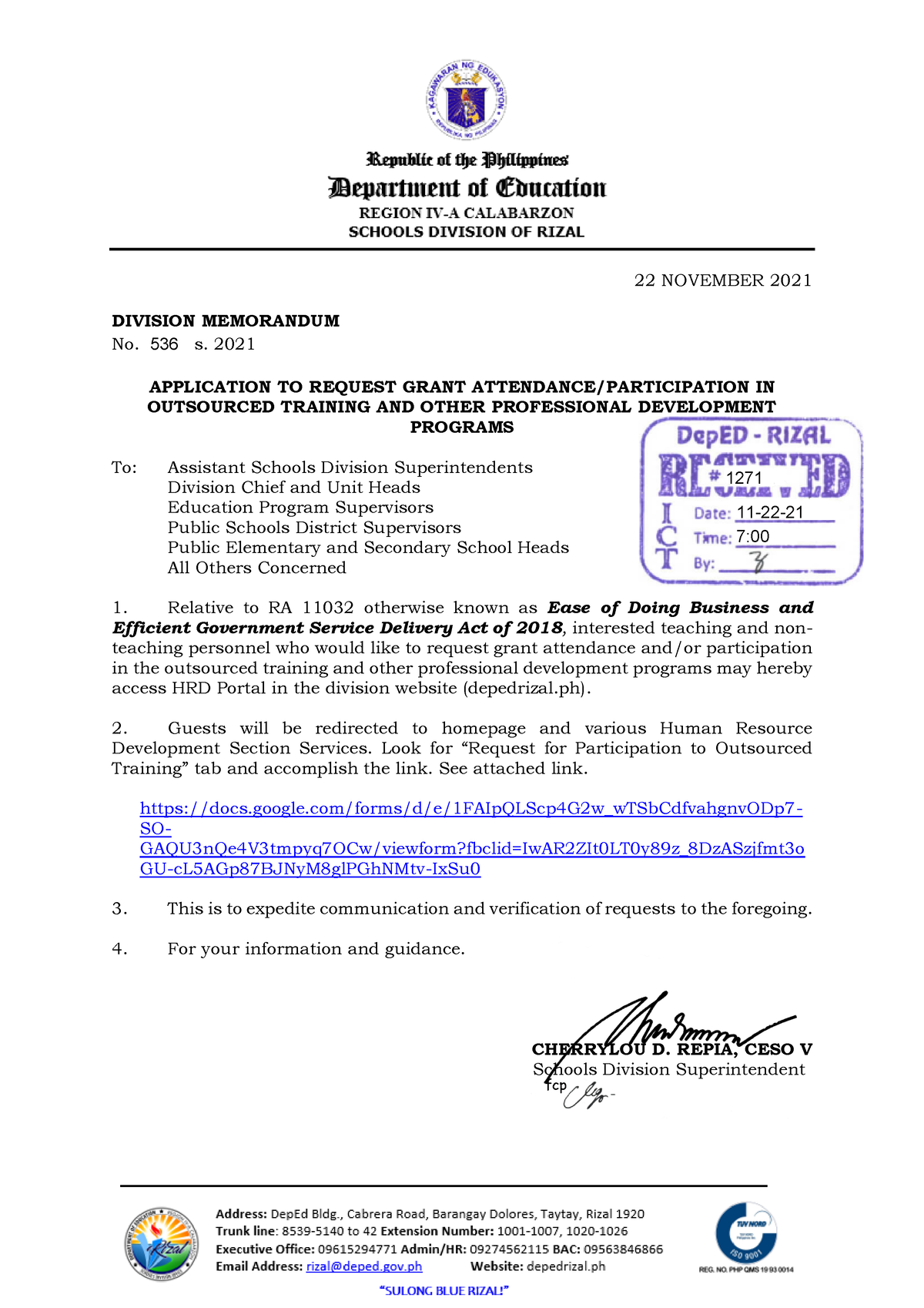 Division Memorandum No. 536, s. 2021 - fcp 22 NOVEMBER 2021 DIVISION ...