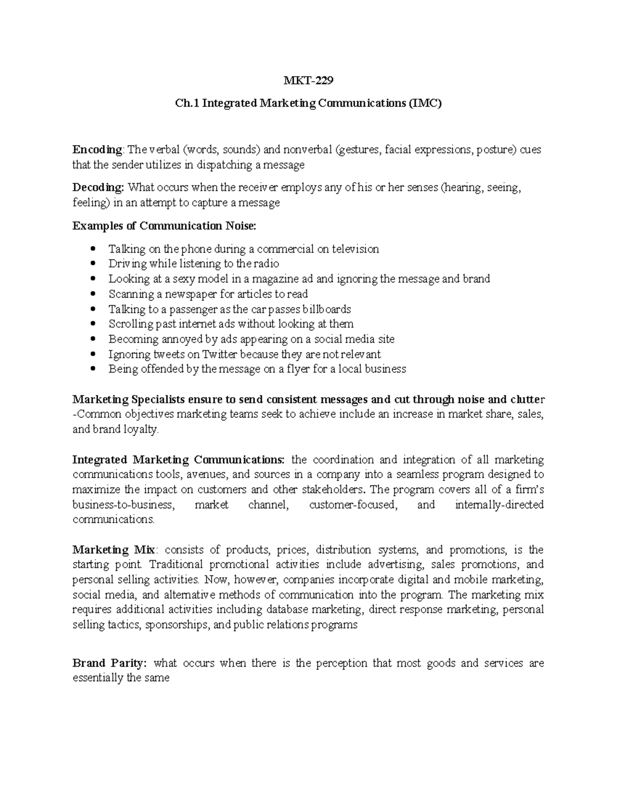 MKT-229 Ch1 - Ch. 1 Notes - MKT- Ch Integrated Marketing Communications ...
