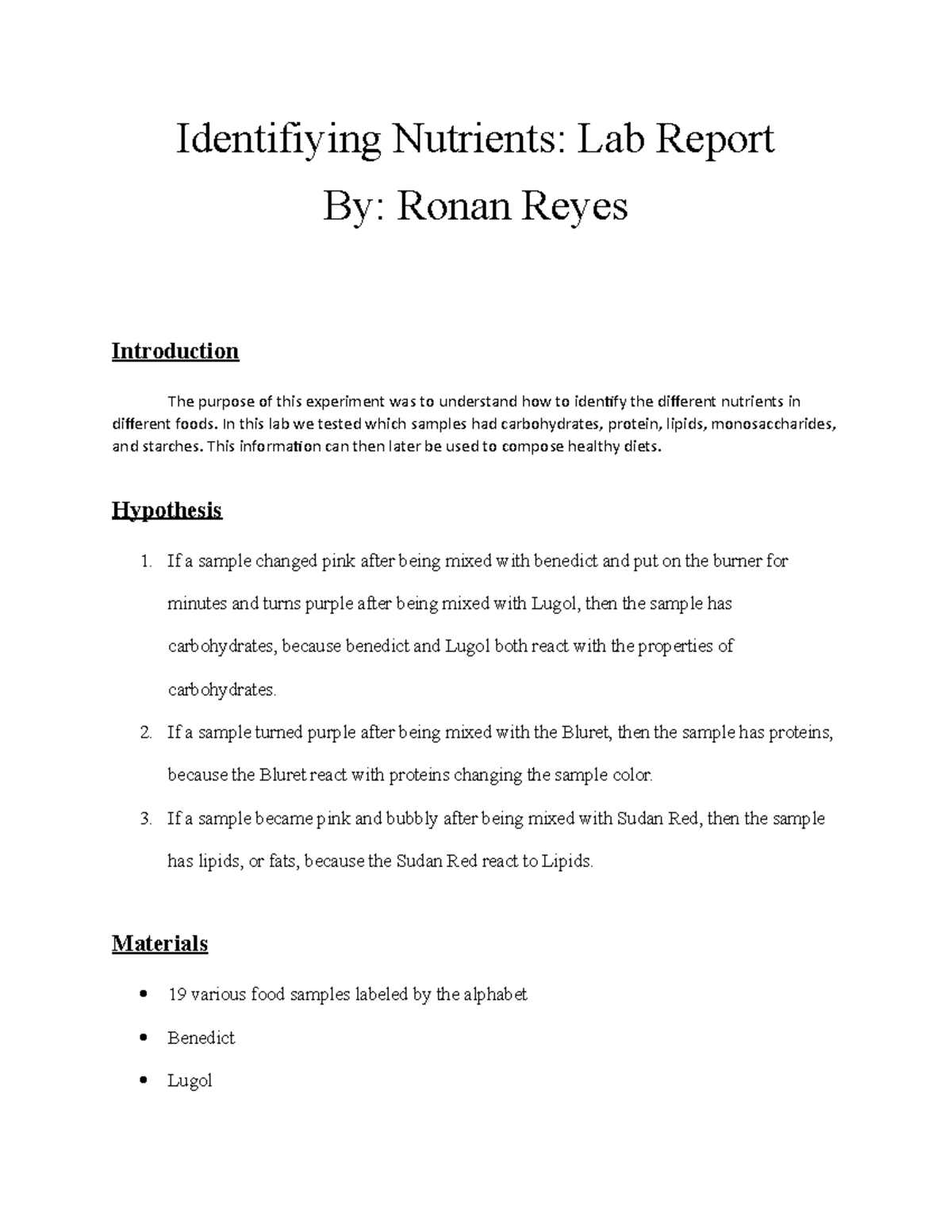 lab identifying nutrients assignment lab report brainly