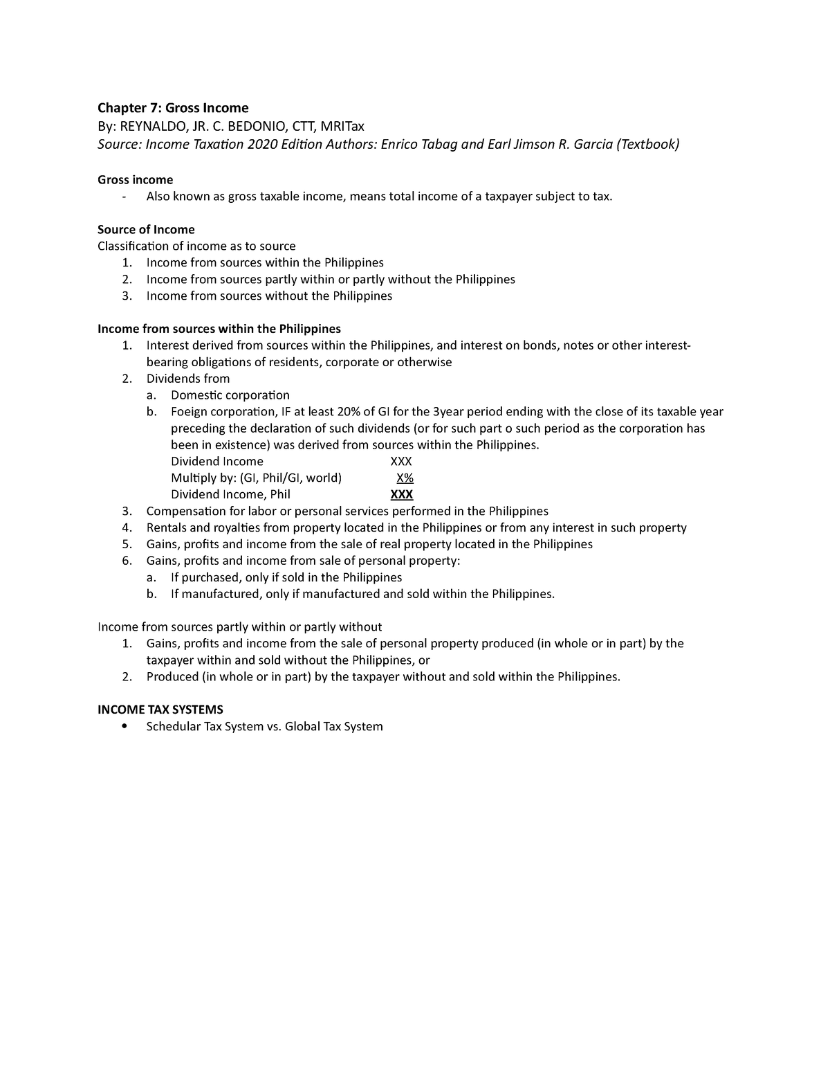 Chapter 7 Summary (Gross Income) - Chapter 7: Gross Income By: REYNALDO ...