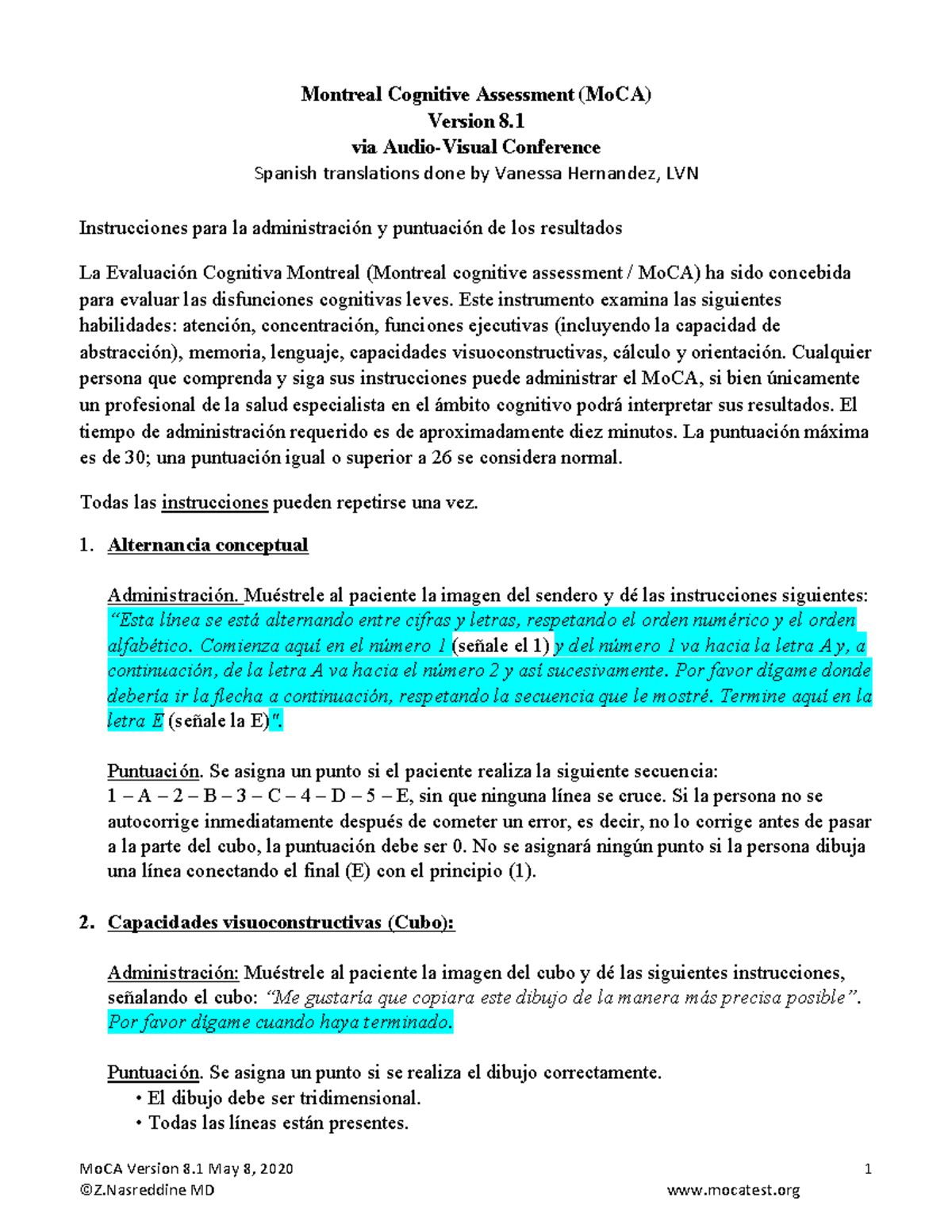 Mo CA-8.1-Instrucciones via Mo CA-Test-Spanish para cribado cognitivo