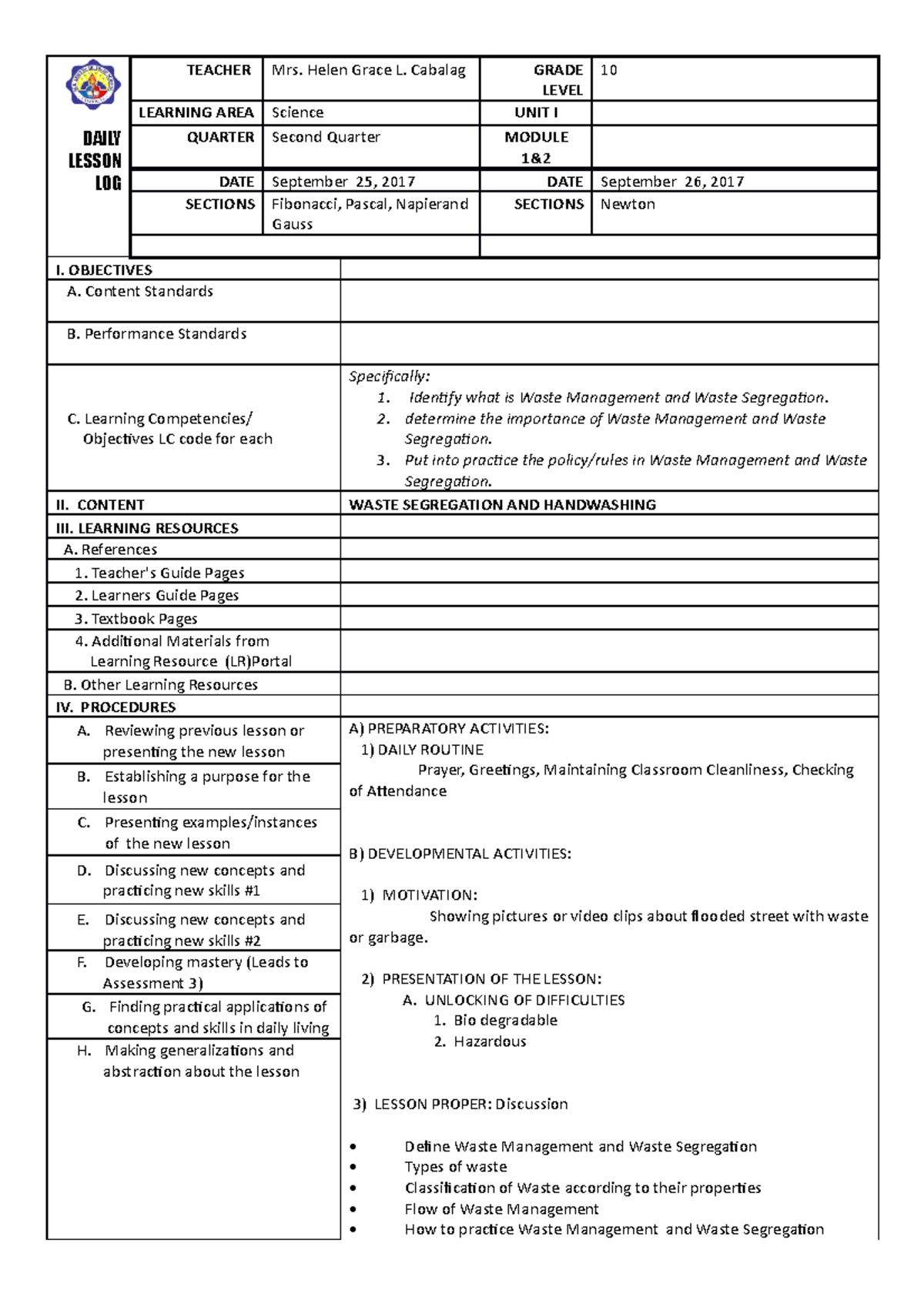 364605340 DLL sept 25 Waste Segregation - DAILY LESSON LOG TEACHER Mrs ...