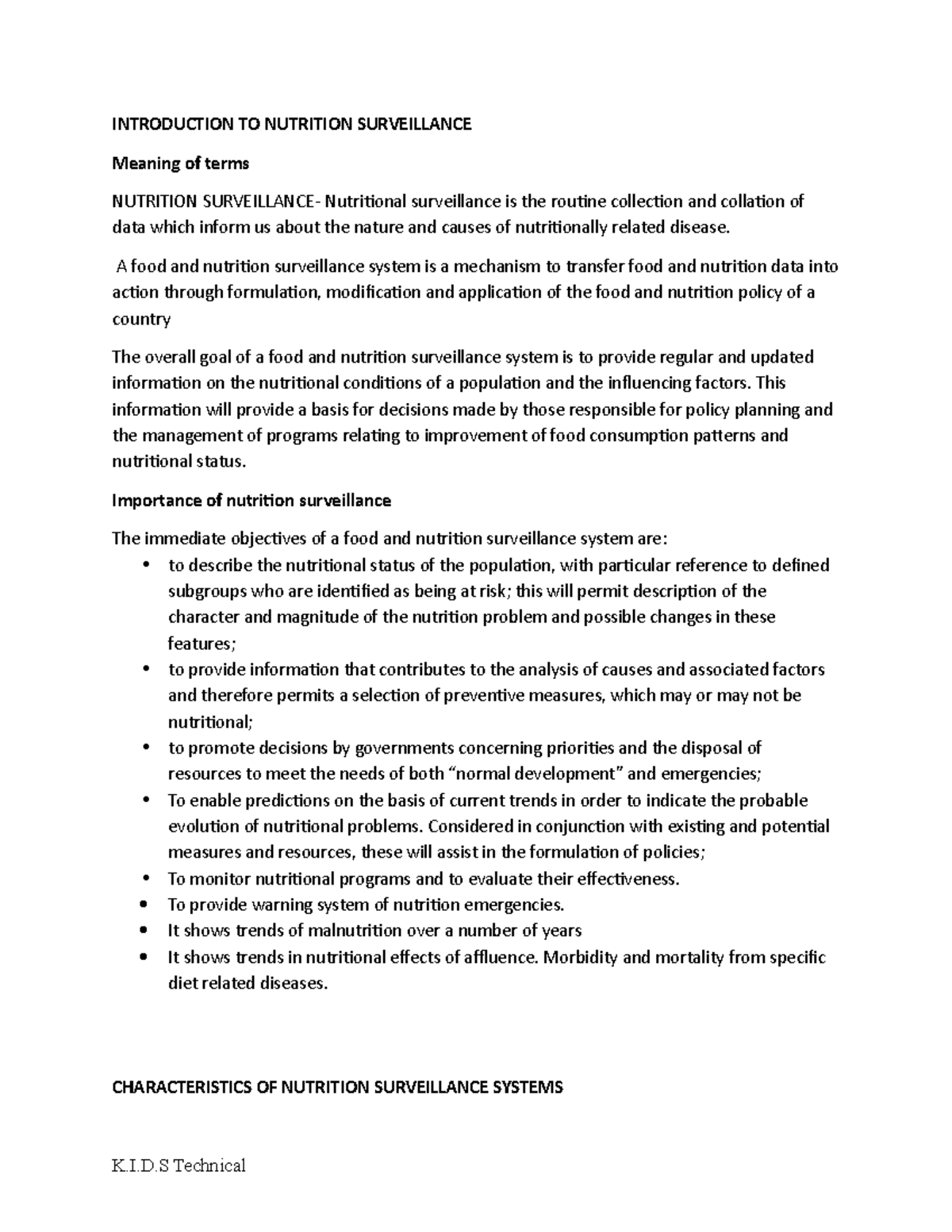 Introduction TO Nutrition Surveillance - INTRODUCTION TO NUTRITION