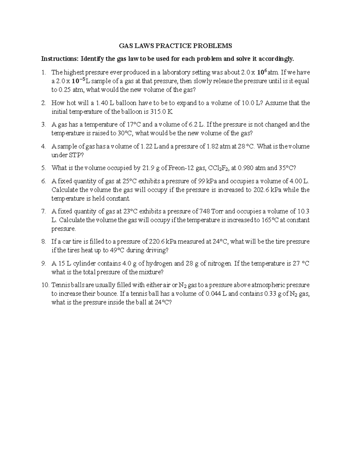 Gas Laws Practice Problems 1 Gas Laws Practice Problems Instructions Identify The Gas Law To 6372