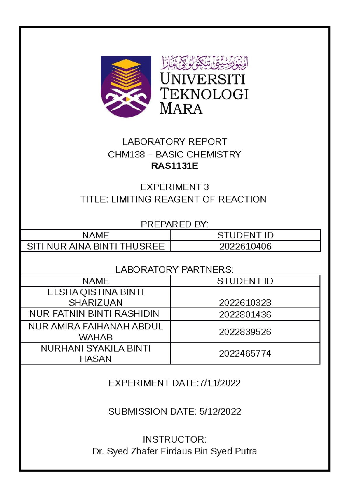 Lab report eks 3 chm 138 Limiting reagent with reactant LABORATORY