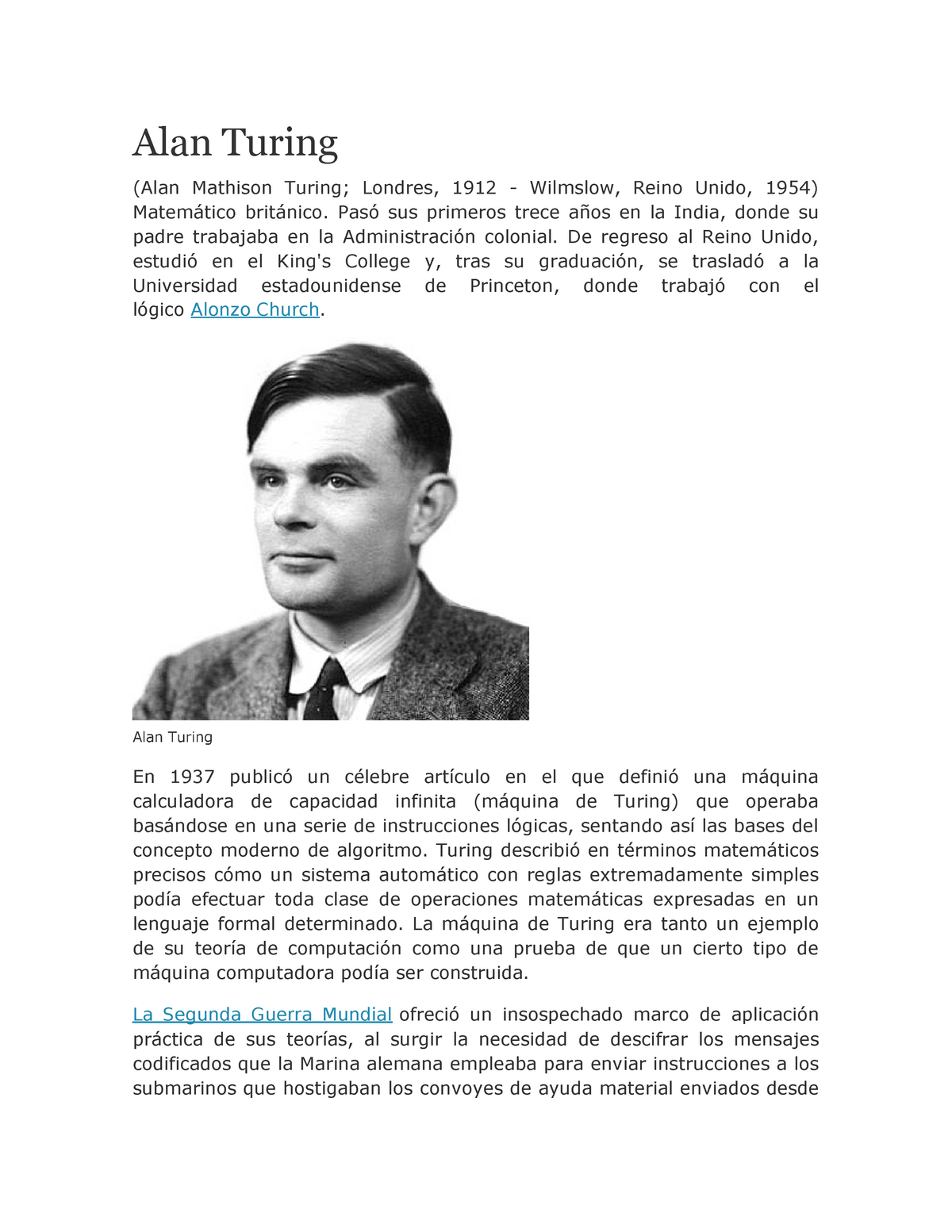 Alan Turing Biografía - Matemática Basica II - UTP - Studocu