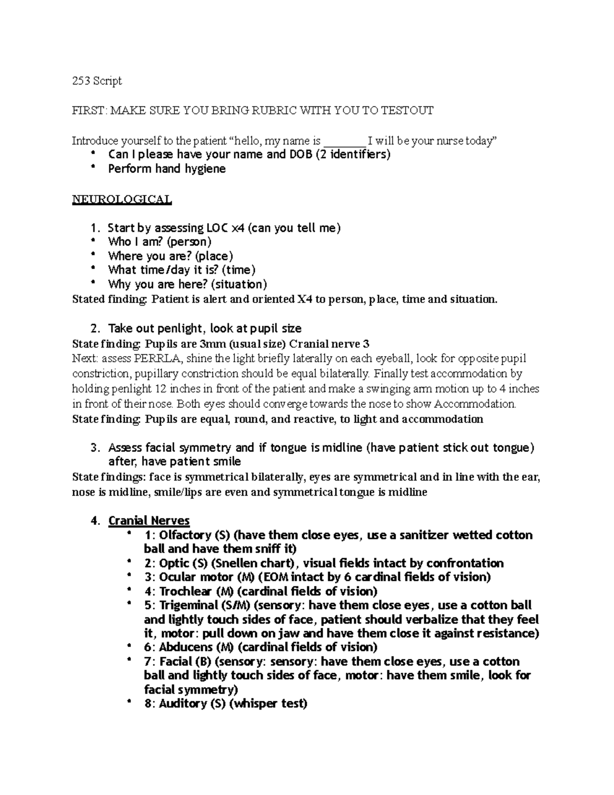 253 Script Health Assessment 253 Script FIRST MAKE SURE YOU BRING