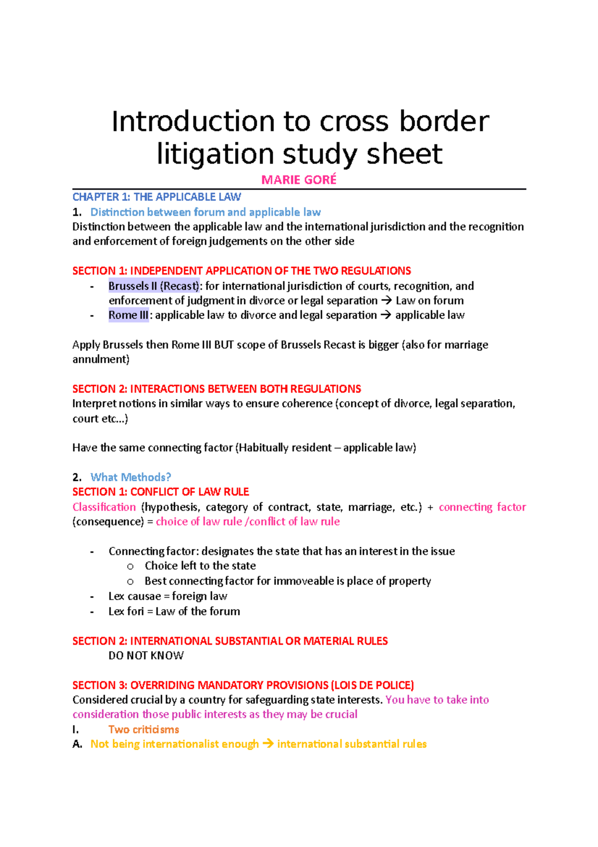 ICL- study sheet - Introduction to cross border litigation study sheet ...