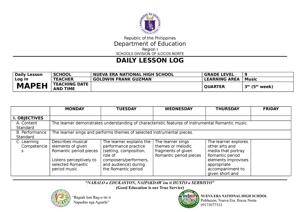 DLL Week 5 Q3 - DAILY LESSON LOG - Republic Of The Philippines ...