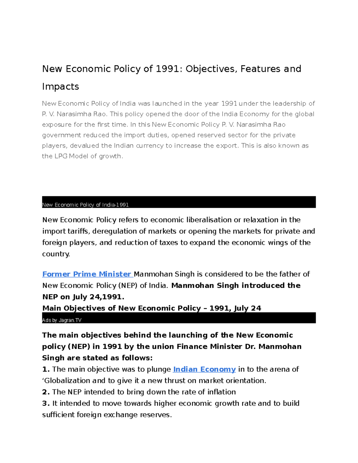 New economy policy - Lohia Neo socialism - New Economic Policy of 1991 ...