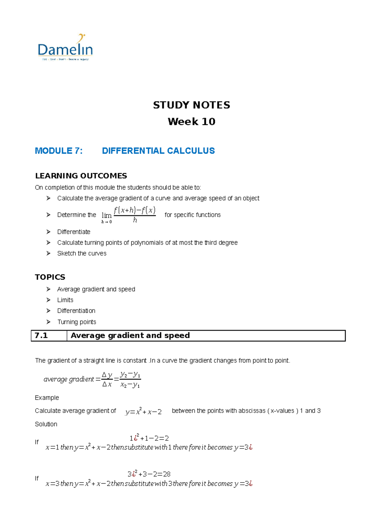 DIFFERENTIAL CALCULUS STUDY NOTES Week 10 MODULE 7 DIFFERENTIAL