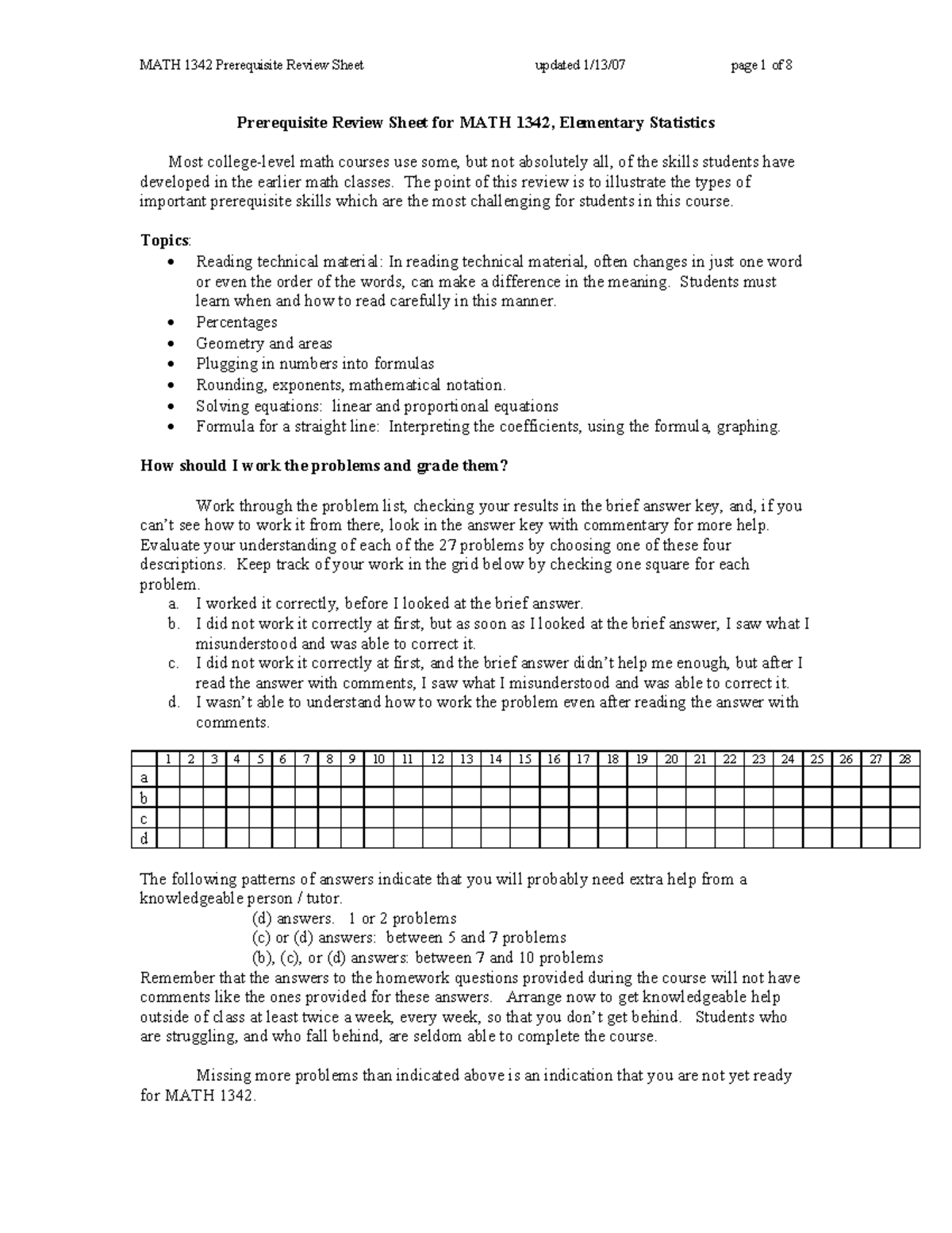 MATH 1342 Prerequisite Review - Prerequisite Review Sheet for MATH 1342 ...