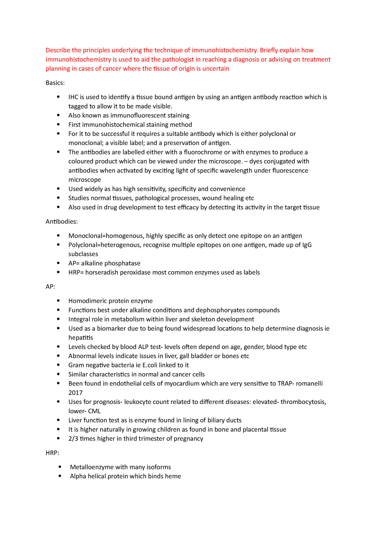 Exam 2014 2015, questions and answers about immunohistochemistry ...