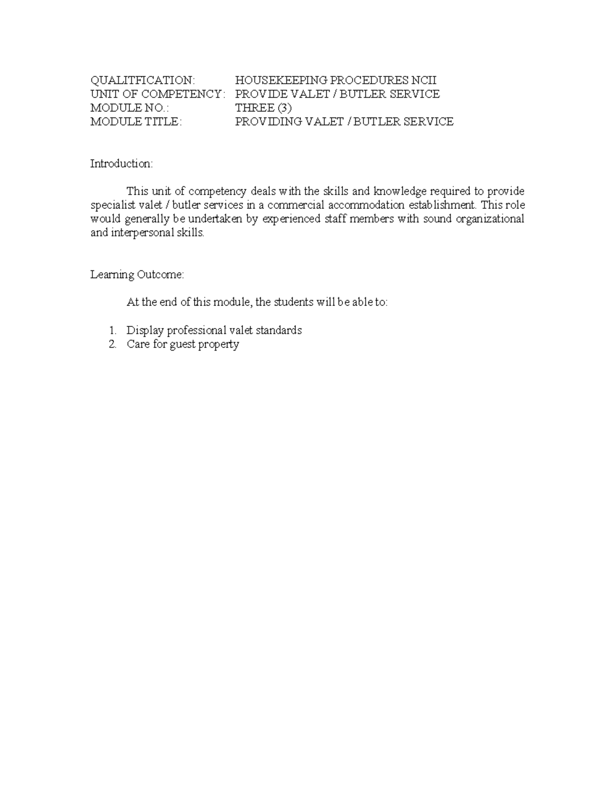 Module3 Module for Housekeeping QUALITFICATION HOUSEKEEPING