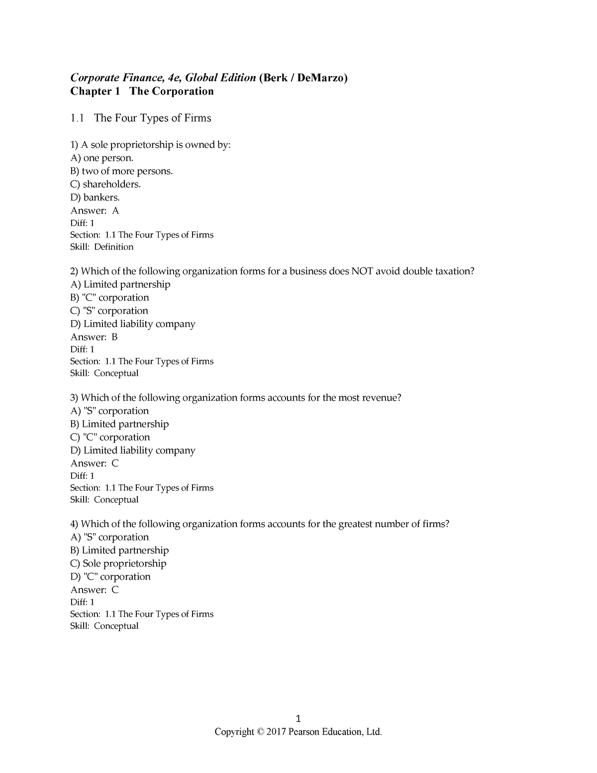 Chapter 1 Test Bank - 1 Corporate Finance, 4e, Global Edition (Berk ...