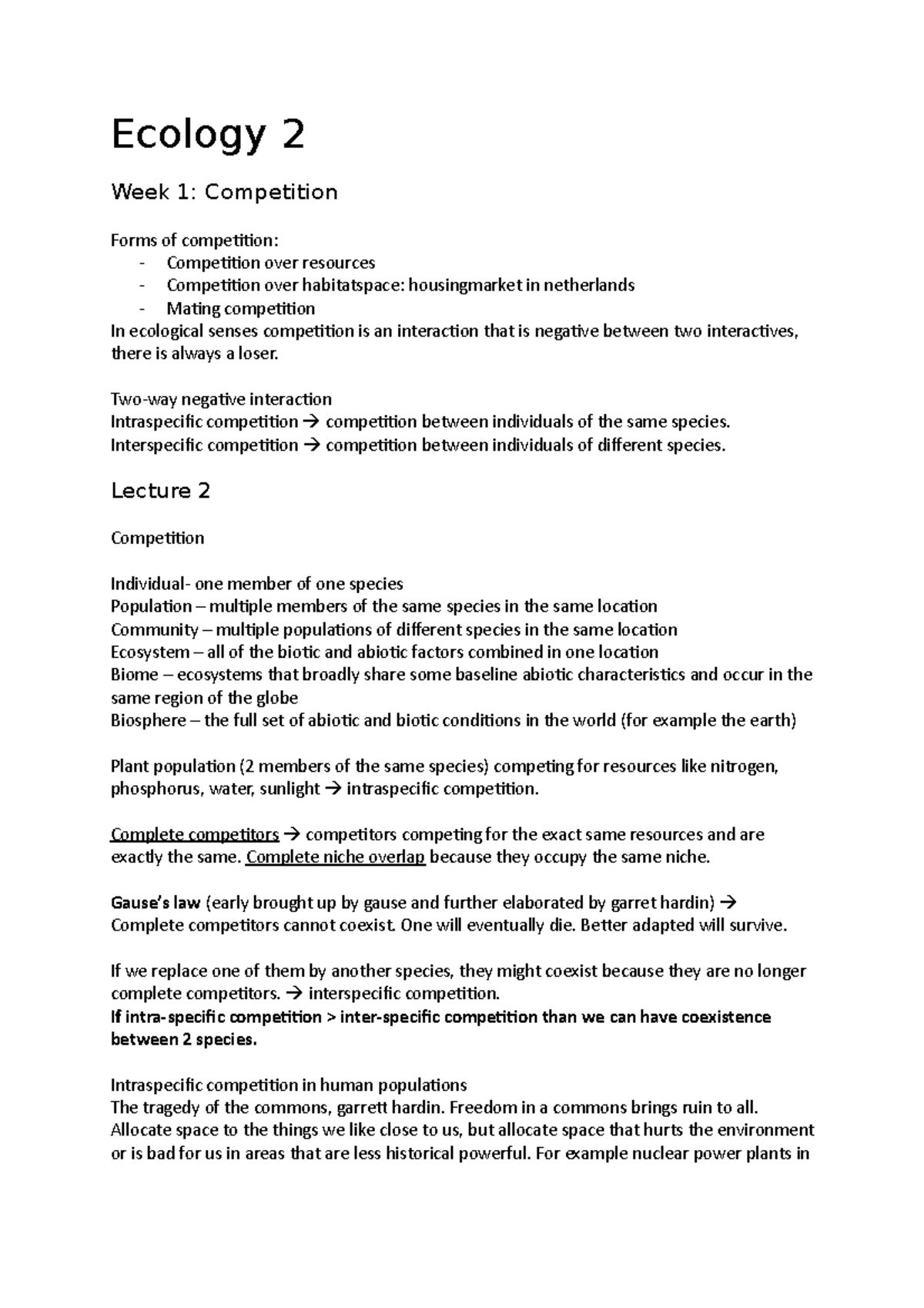 Ecology 2 - Ecology 2 Week 1: Competition Forms of competition ...